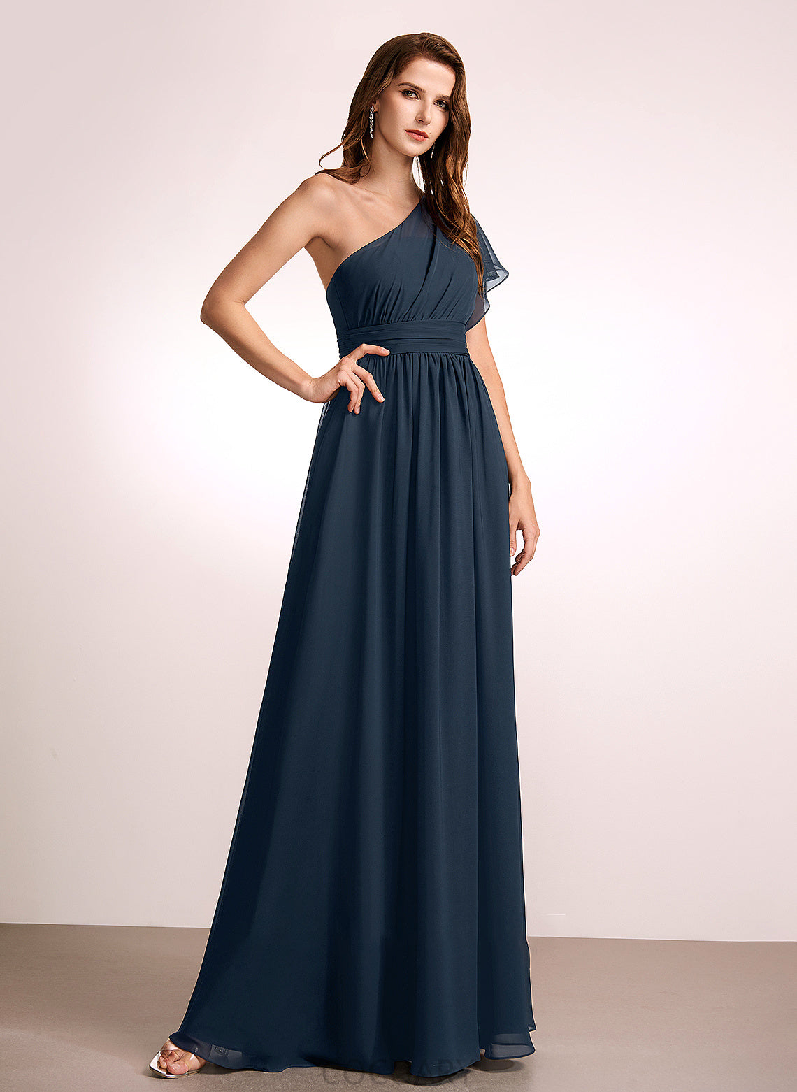 Silhouette A-Line Neckline Length Embellishment One-Shoulder Fabric Ruffle Floor-Length Desirae A-Line/Princess Sleeveless Bridesmaid Dresses