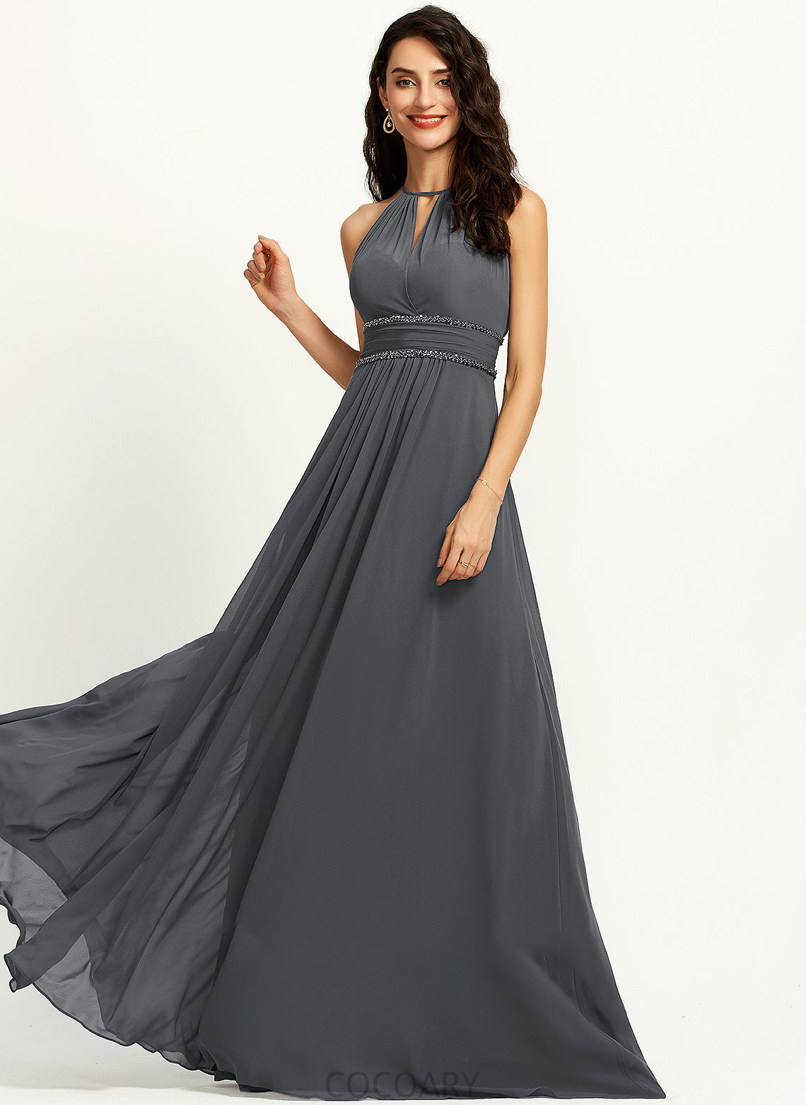 Silhouette Beading Ruffle Neckline Sequins A-Line Halter Length Fabric Embellishment Floor-Length Nita Bridesmaid Dresses