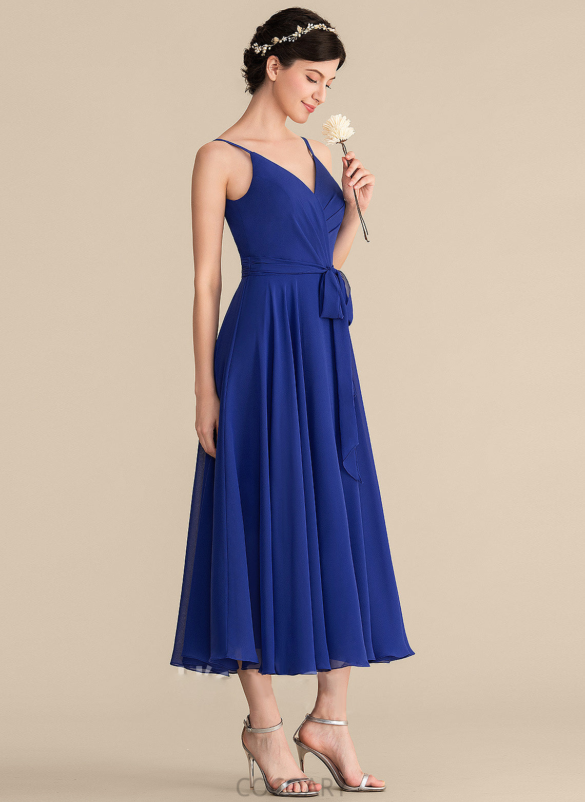 Tea-Length Neckline Silhouette Fabric Length Ruffle A-Line Bow(s) Embellishment V-neck Madilyn Sleeveless Bridesmaid Dresses