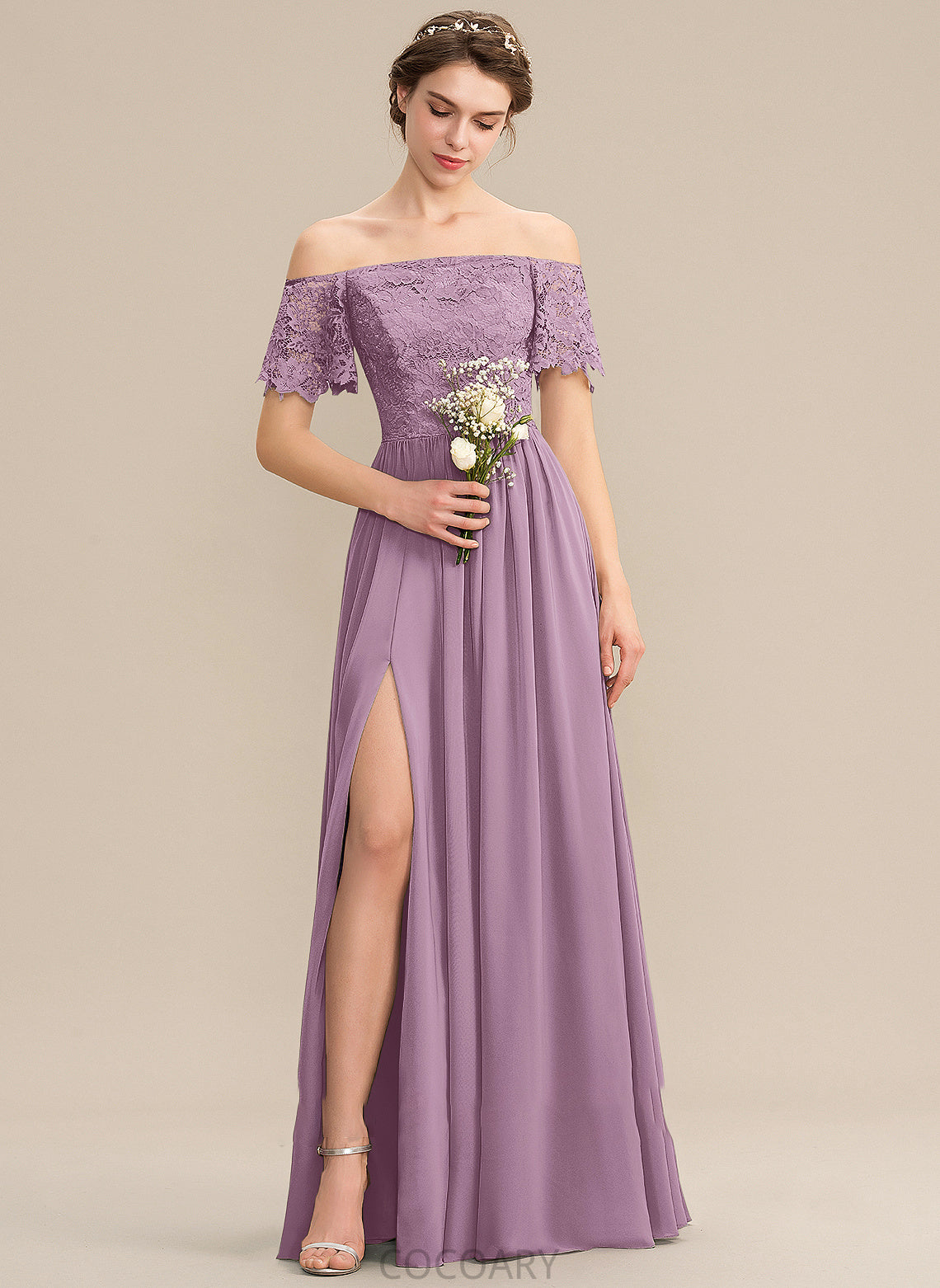 Length SplitFront Floor-Length A-Line Neckline Fabric Off-the-Shoulder Embellishment Silhouette Yasmine Floor Length A-Line/Princess Bridesmaid Dresses