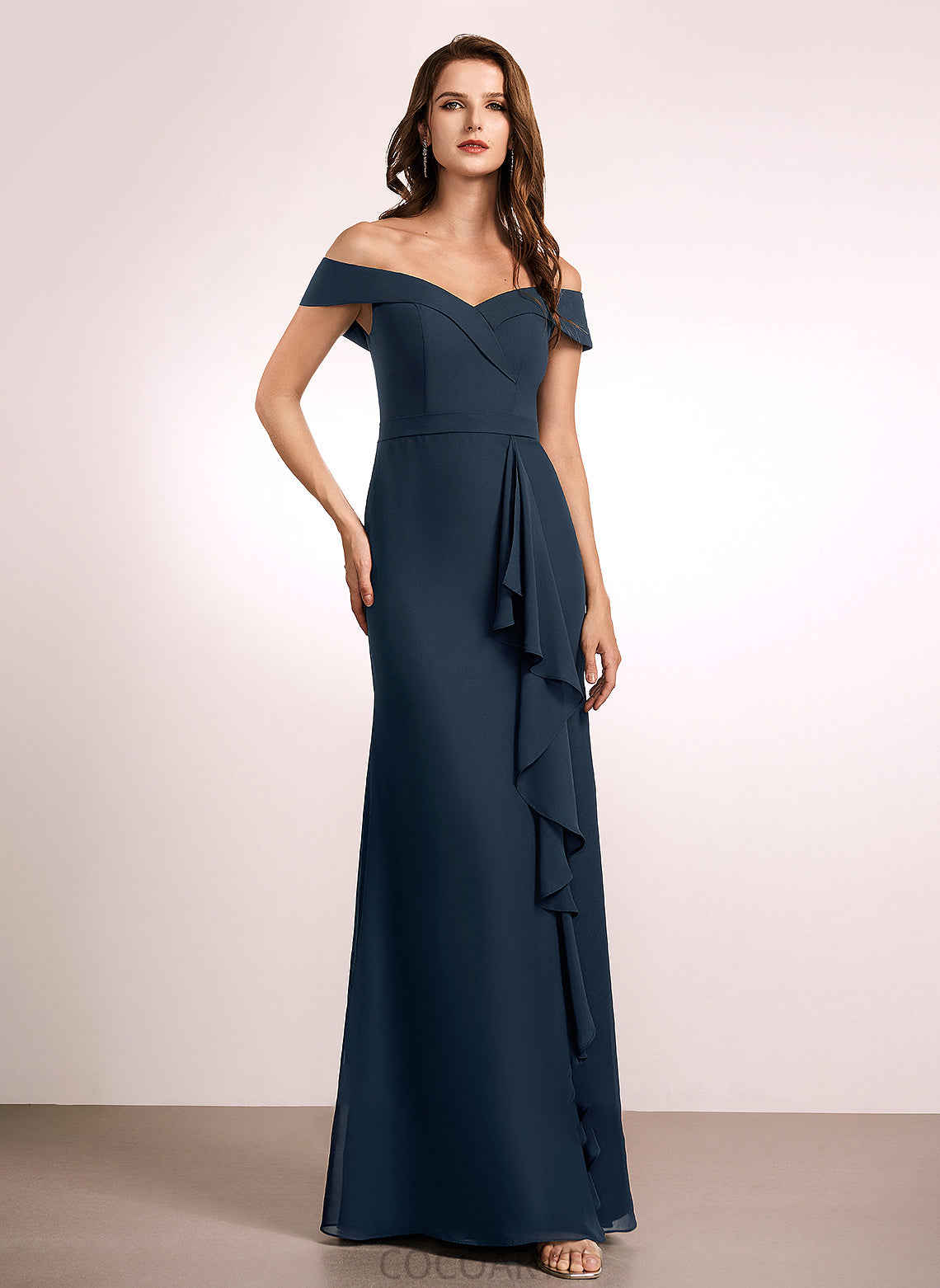 Fabric Floor-Length Length Off-the-Shoulder Ruffle Embellishment Neckline Silhouette A-Line Mira A-Line/Princess Sleeveless Bridesmaid Dresses