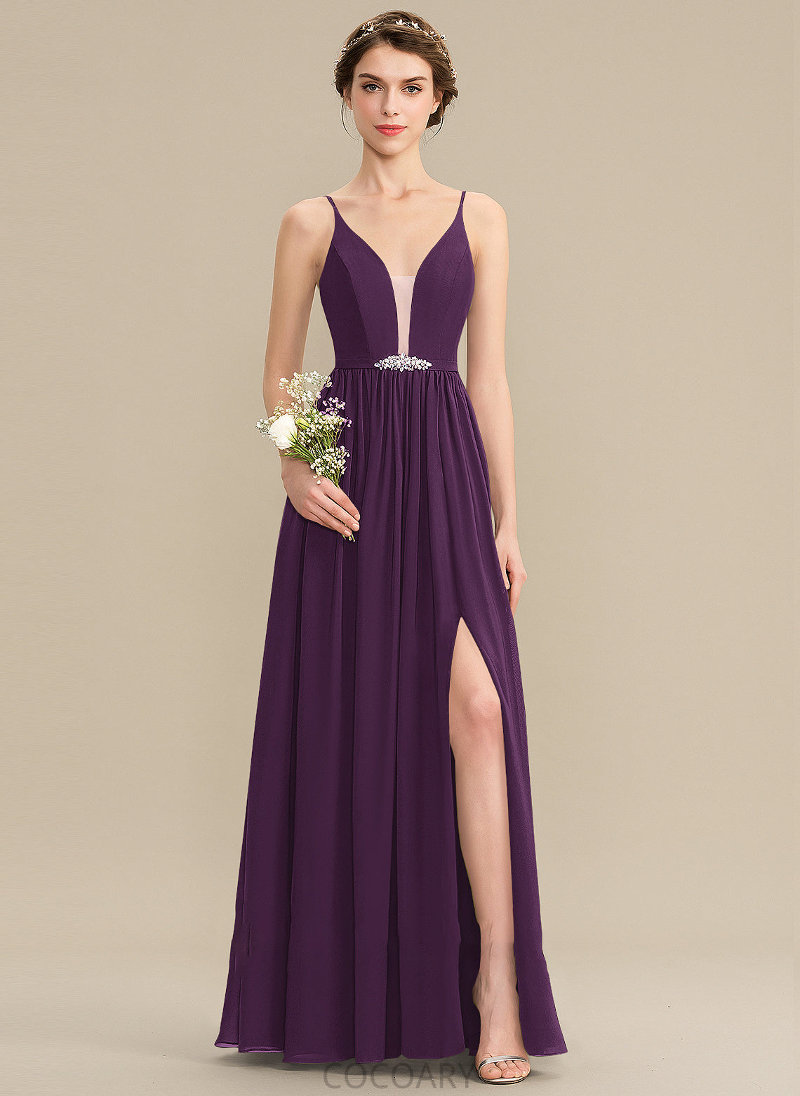 SplitFront A-Line Neckline V-neck Pockets Silhouette Floor-Length Length Fabric Embellishment Sequins Beading Bridesmaid Dresses