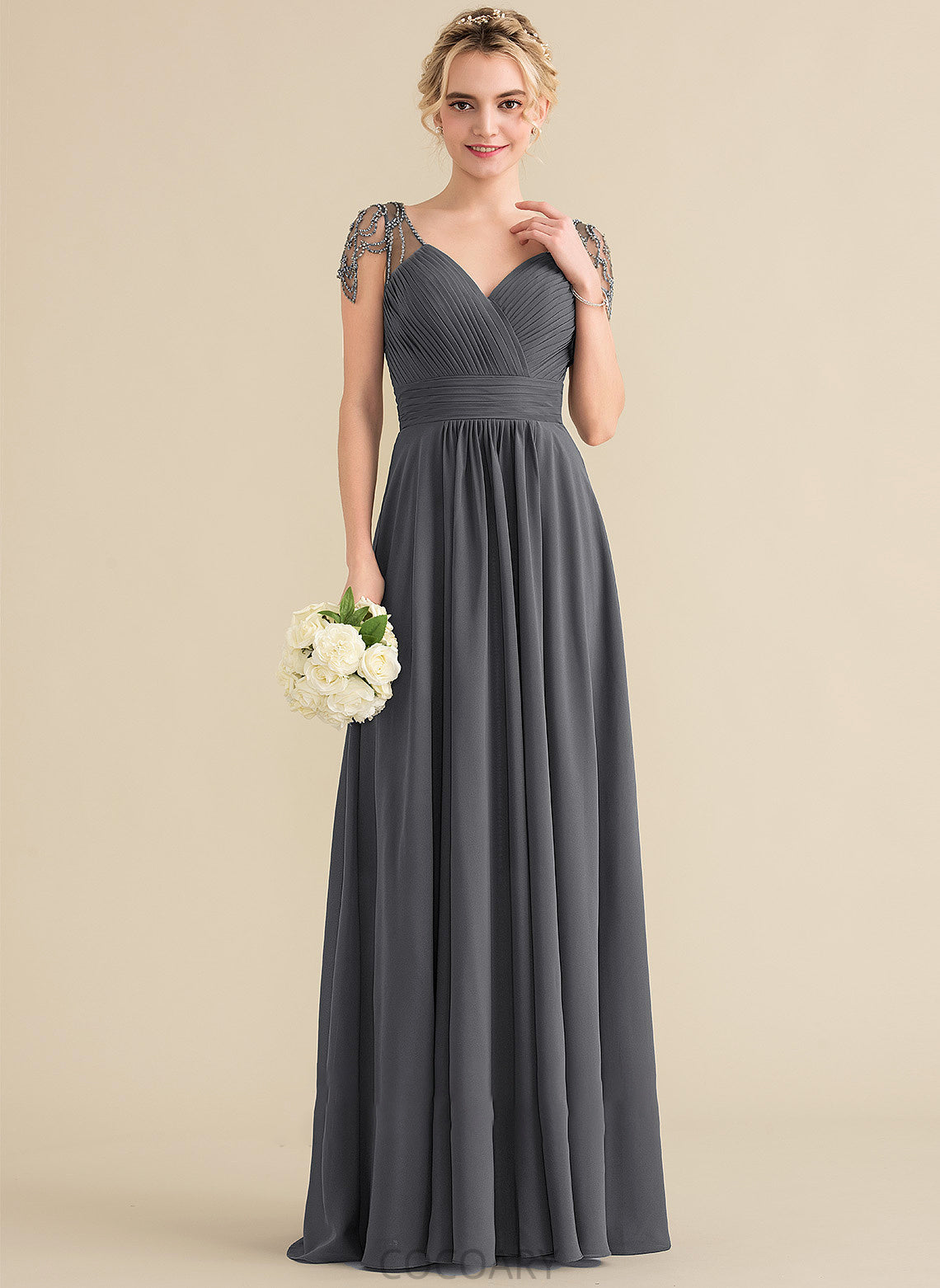 Ruffle Length V-neck Sequins Fabric A-Line Floor-Length Beading Embellishment Neckline Silhouette Ina Bridesmaid Dresses