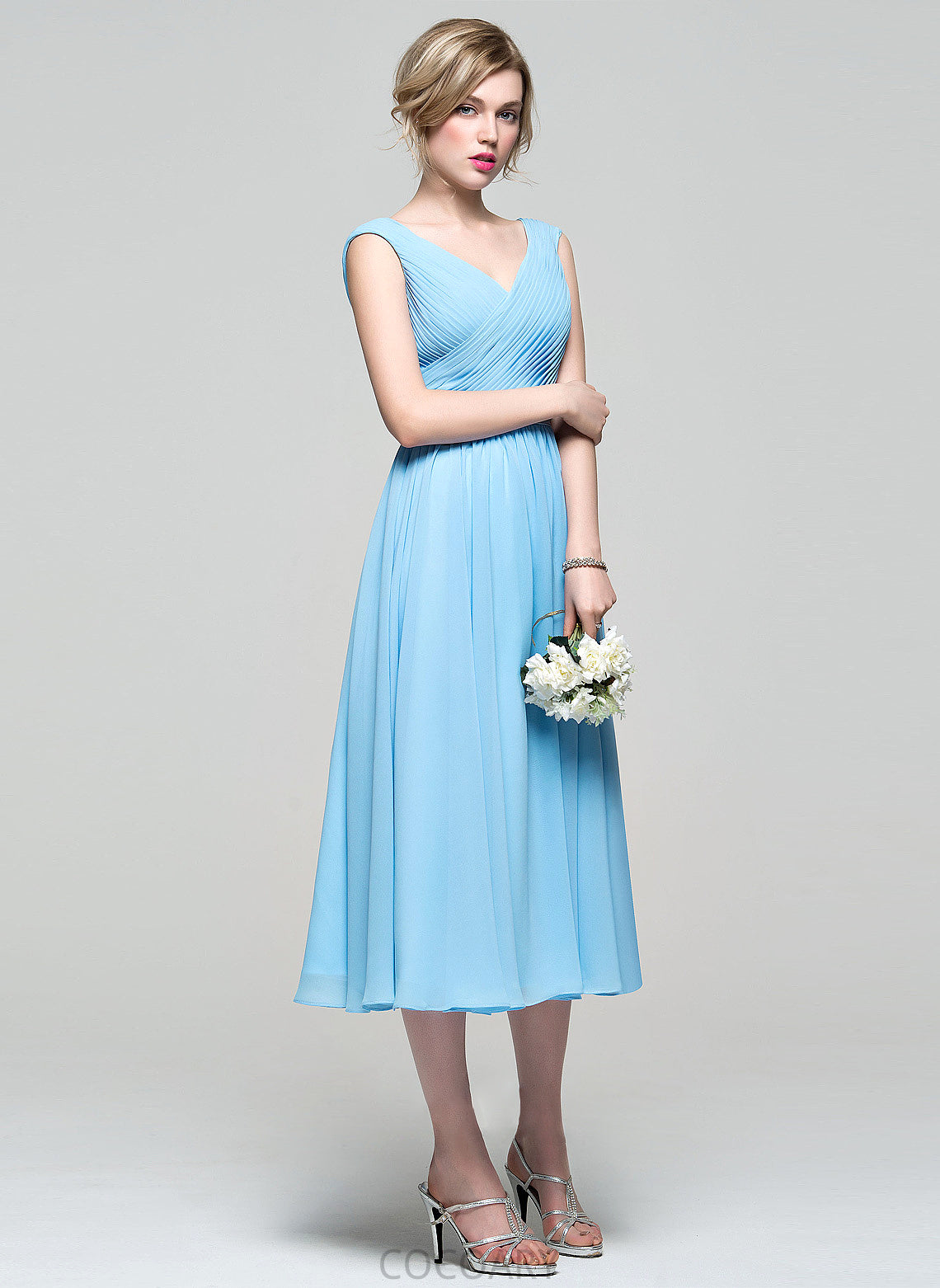 Neckline V-neck A-Line Tea-Length Fabric Length Embellishment Ruffle Silhouette Tamia Sleeveless Floor Length Bridesmaid Dresses