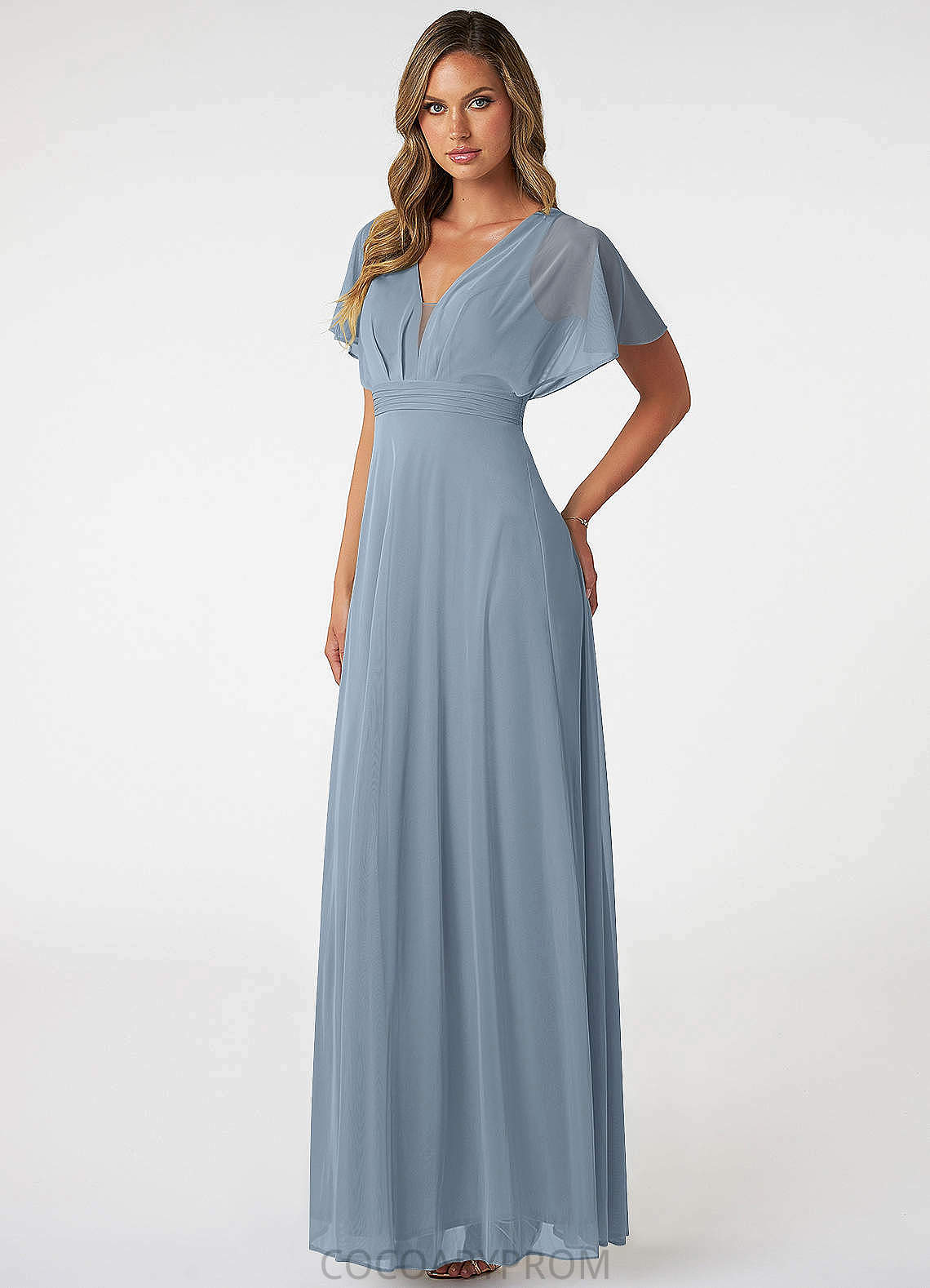 Blanche Natural Waist A-Line/Princess V-Neck Floor Length Short Sleeves Bridesmaid Dresses