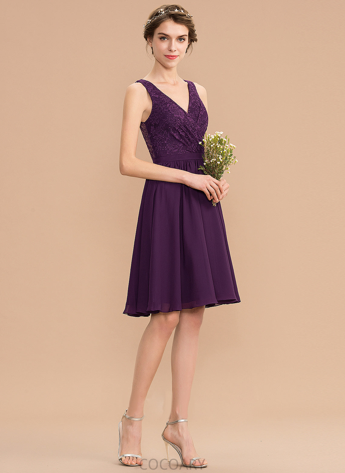 Silhouette Length Neckline A-Line Knee-Length Embellishment Ruffle V-neck Fabric Mavis Sleeveless Natural Waist Bridesmaid Dresses