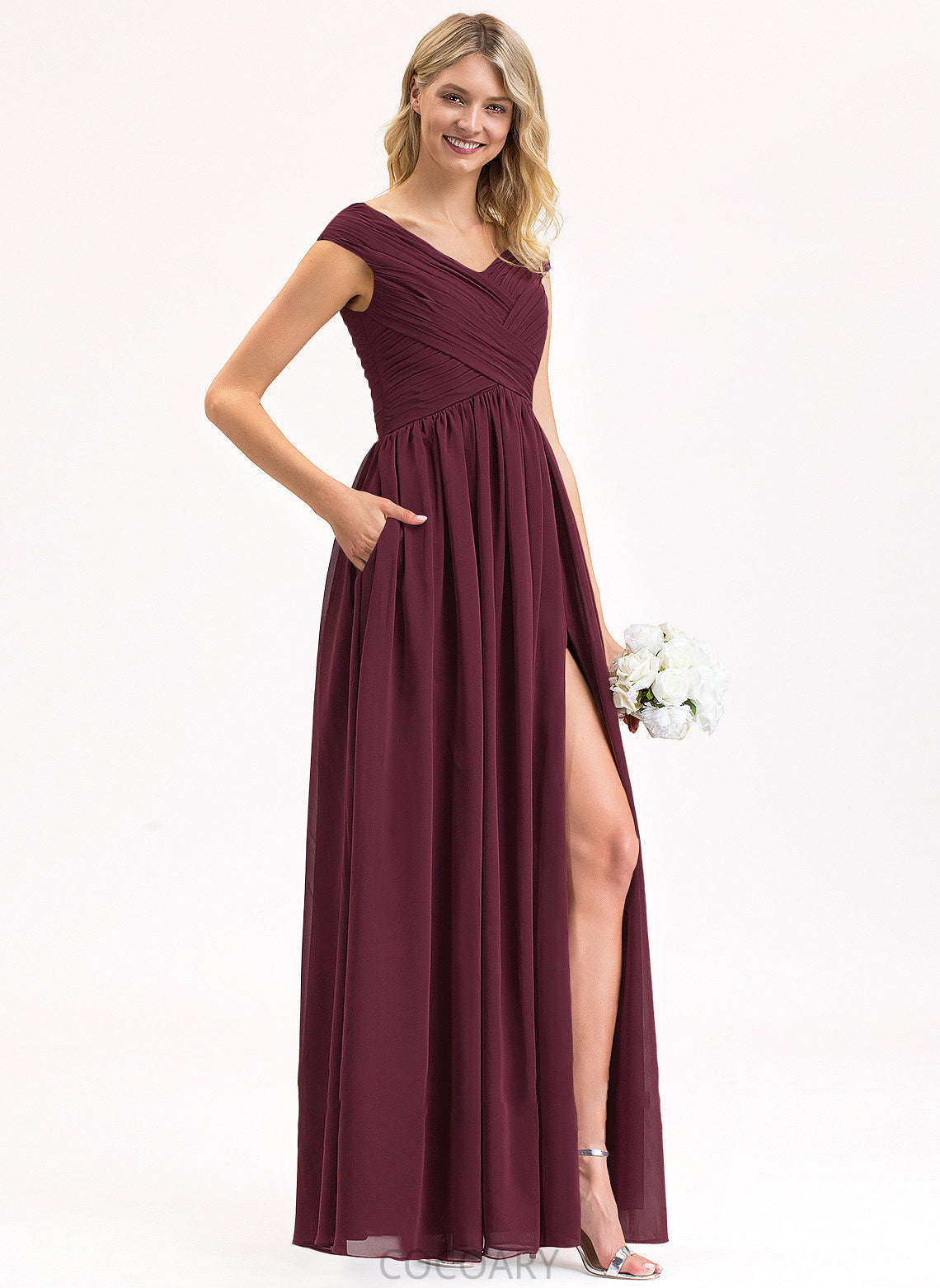 Length Floor-Length A-Line Fabric Silhouette SplitFront Neckline Ruffle Off-the-Shoulder Embellishment Pockets Taliyah Bridesmaid Dresses