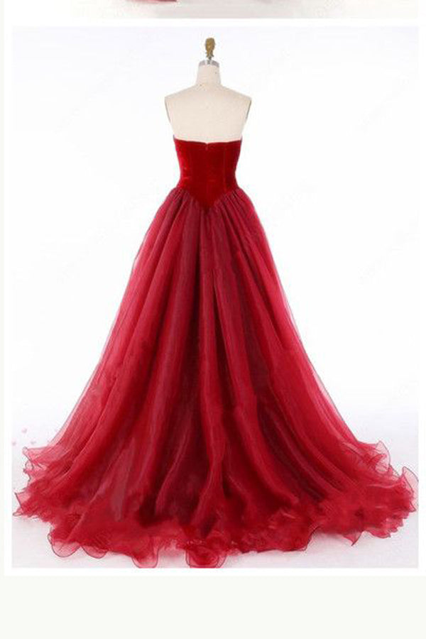 Burgundy A Line Sweep Train Sweetheart Strapless Sleeveless Tulle Prom Dresses