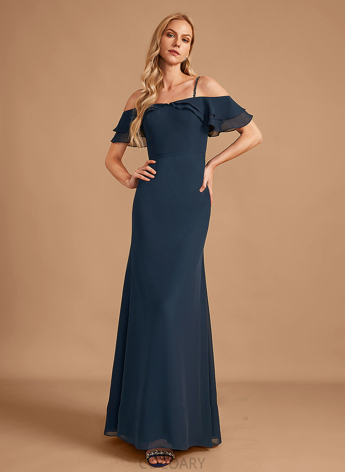 Sheath/Column Length Floor-Length Embellishment Fabric Beading Ruffle Off-the-Shoulder Silhouette Neckline Kyla A-Line/Princess Bridesmaid Dresses