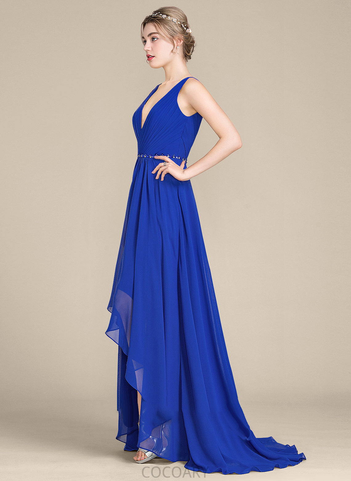 Length Silhouette Beading Neckline A-Line Asymmetrical Embellishment Fabric Sequins V-neck Ruffle Persis Bridesmaid Dresses