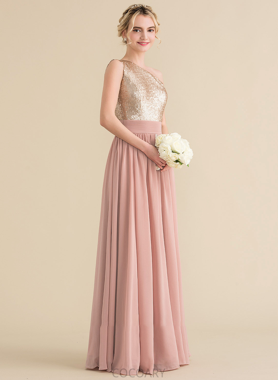 Straps Silhouette Neckline Floor-Length Sequined Length One-Shoulder Fabric A-Line Rayna Sleeveless Floor Length Bridesmaid Dresses