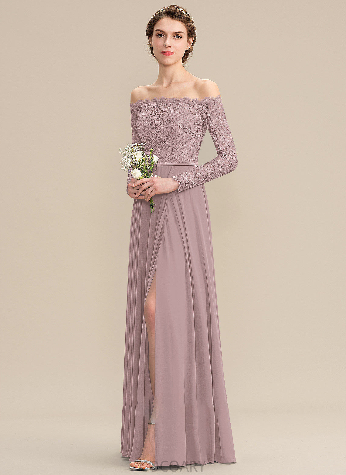 Neckline SplitFront Length A-Line Fabric Embellishment Silhouette Off-the-Shoulder Floor-Length Mallory Natural Waist A-Line/Princess Bridesmaid Dresses