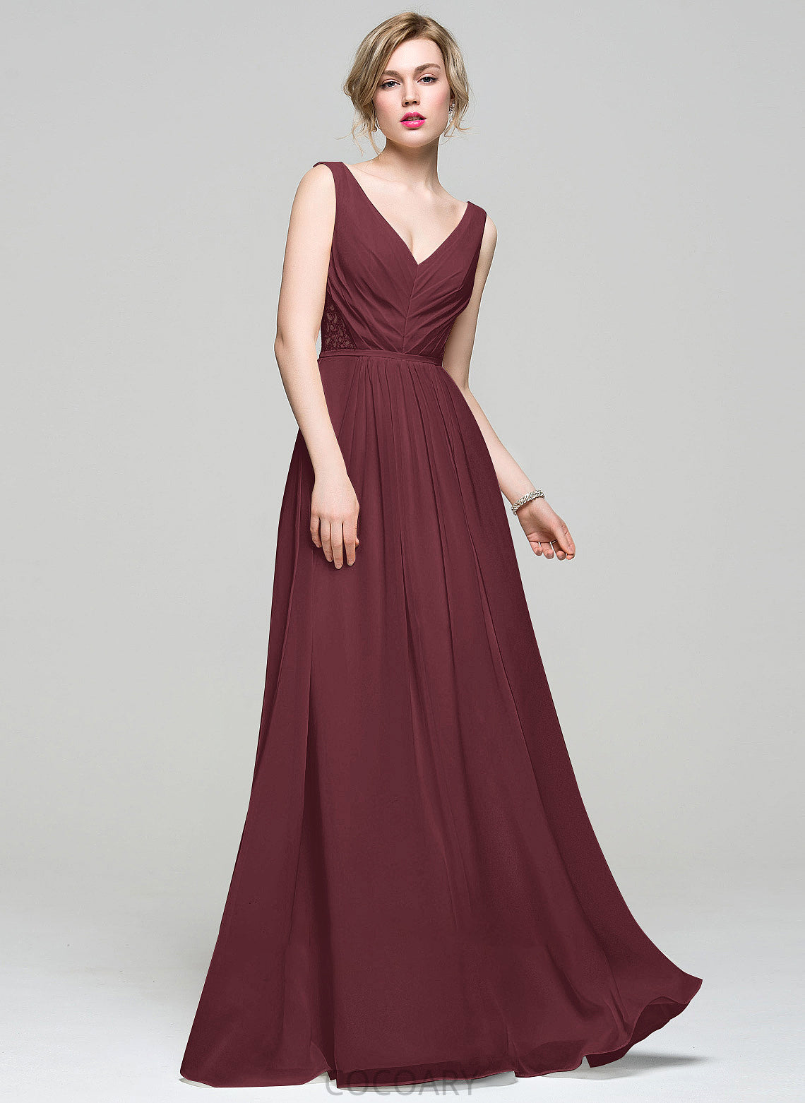 Fabric Lace Floor-Length Embellishment Beading V-neck Ruffle Length Sequins Neckline Silhouette A-Line Bridesmaid Dresses