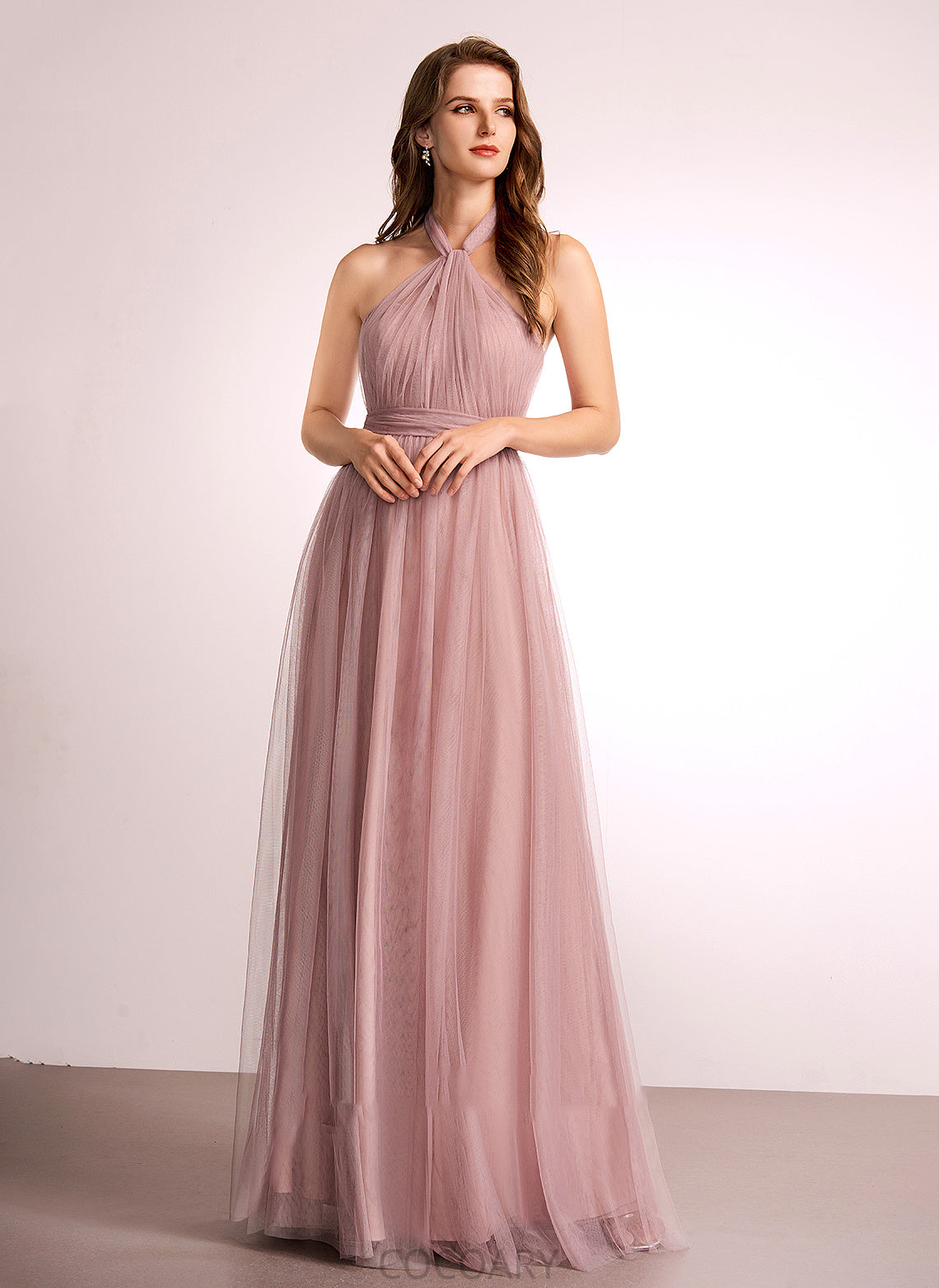 Length A-Line Floor-Length Neckline One-Shoulder Tulle Fabric Straps V-neck Off-the-Shoulder Silhouette Hillary Bridesmaid Dresses