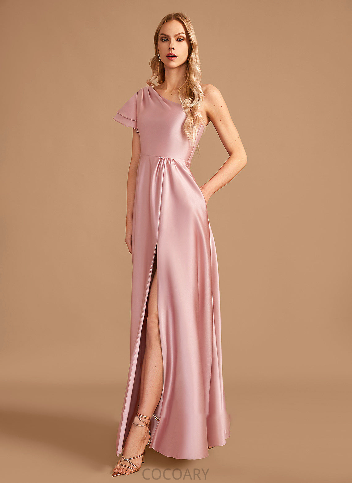 Length A-Line Floor-Length Fabric Neckline Embellishment SplitFront Silhouette One-Shoulder Makaila V-Neck Sleeveless Bridesmaid Dresses