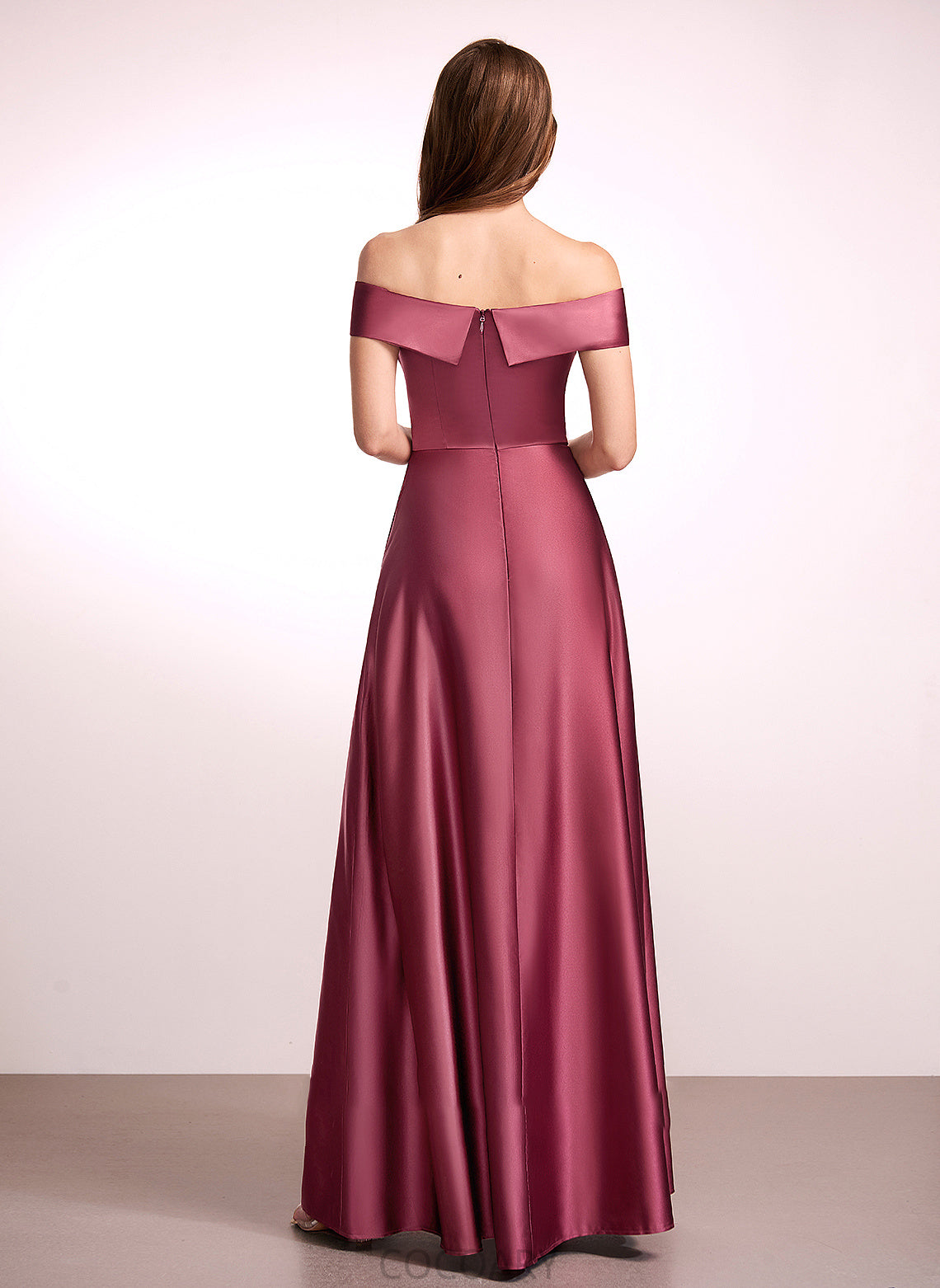 Silhouette Length Neckline Embellishment Fabric A-Line SplitFront Floor-Length Off-the-Shoulder Cecilia Natural Waist A-Line/Princess Bridesmaid Dresses