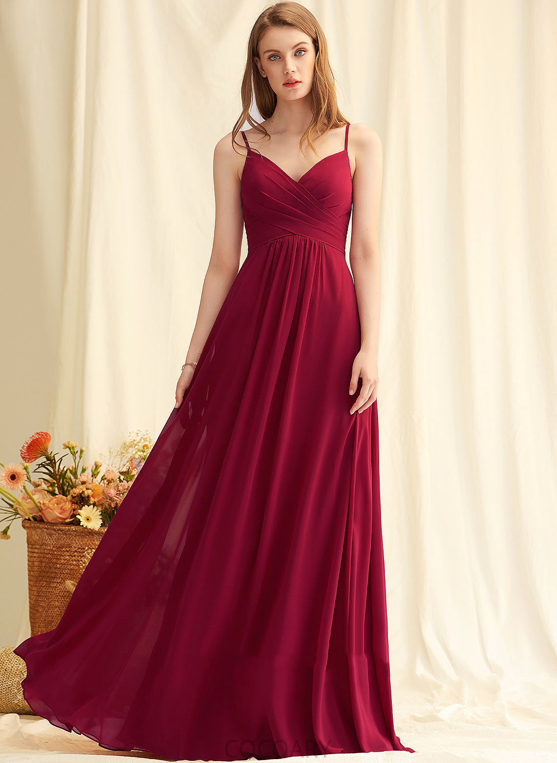 V-neck Length Neckline A-Line Floor-Length Fabric Silhouette Embellishment Ruffle Chasity Spaghetti Staps A-Line/Princess Bridesmaid Dresses