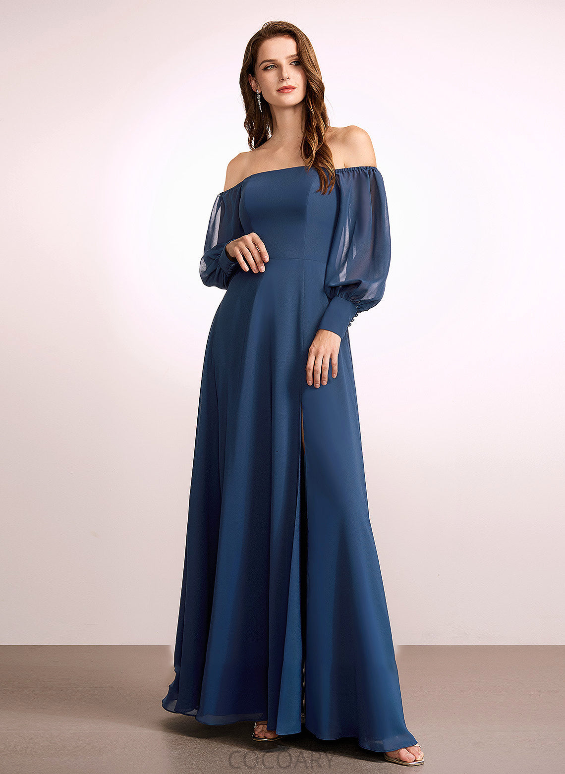 A-Line Silhouette Neckline Length Fabric Embellishment SplitFront Off-the-Shoulder Floor-Length Haven Natural Waist Floor Length Bridesmaid Dresses