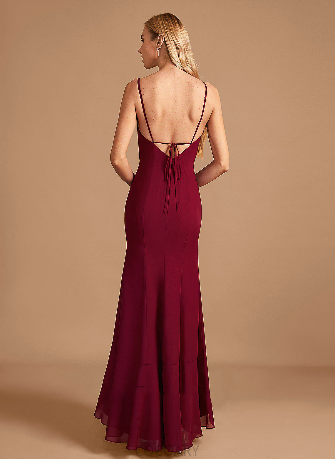 SquareNeckline Length SplitFront Neckline Silhouette Fabric Embellishment Ruffle Trumpet/Mermaid Floor-Length Jasmine High Low Bridesmaid Dresses