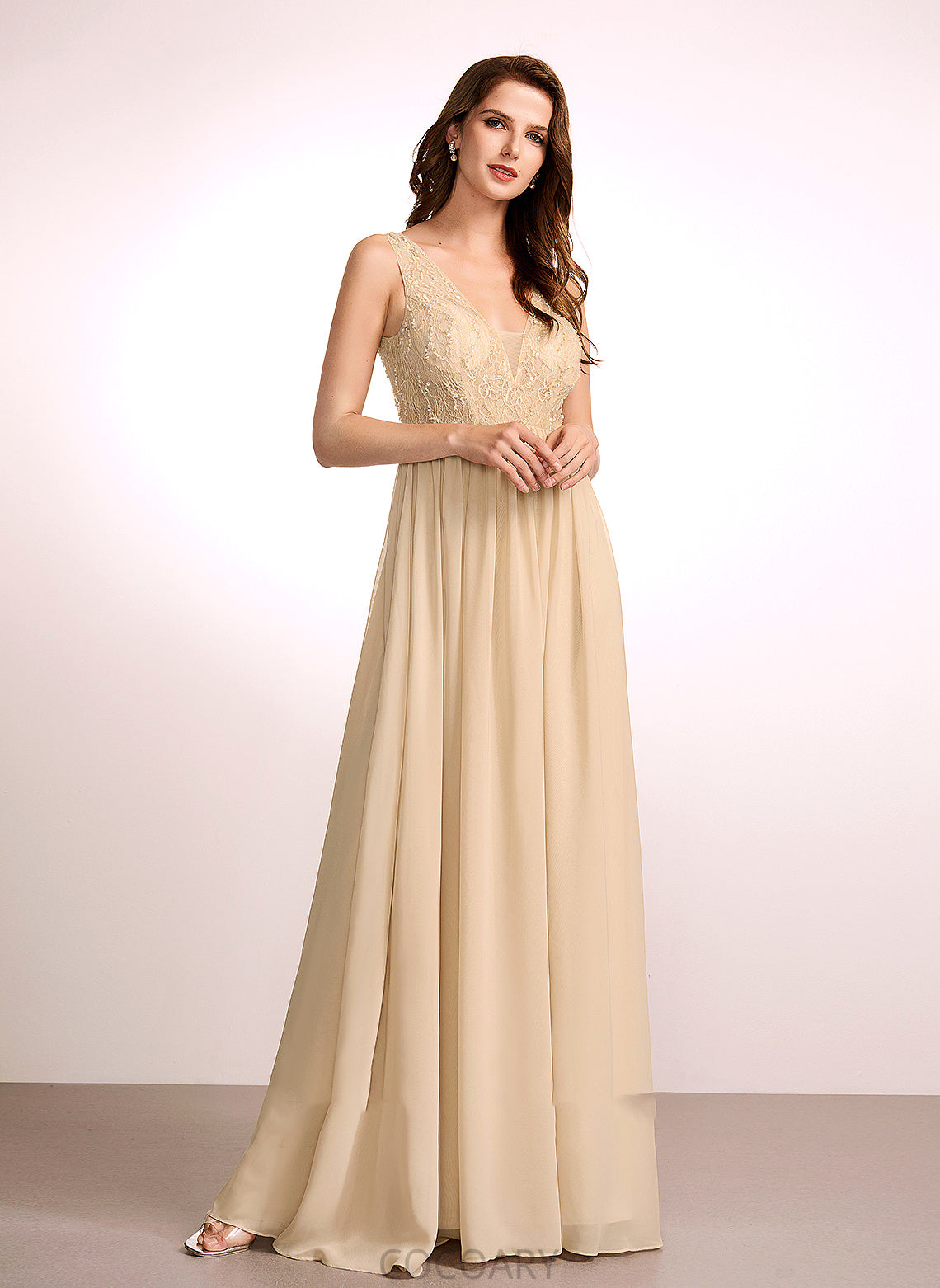 V-neck Embellishment Fabric Silhouette Neckline Floor-Length Sequins A-Line Length Ariella Natural Waist Sleeveless Bridesmaid Dresses