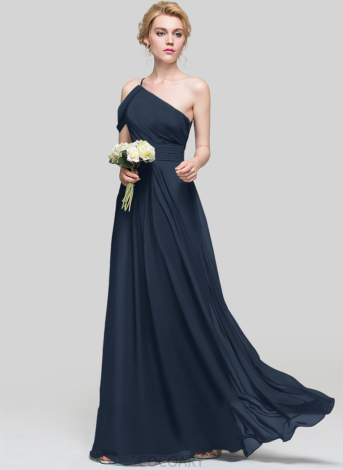 A-Line Floor-Length Ruffle Fabric Length Embellishment One-Shoulder Neckline Silhouette Nathaly Empire Waist Spaghetti Staps Bridesmaid Dresses