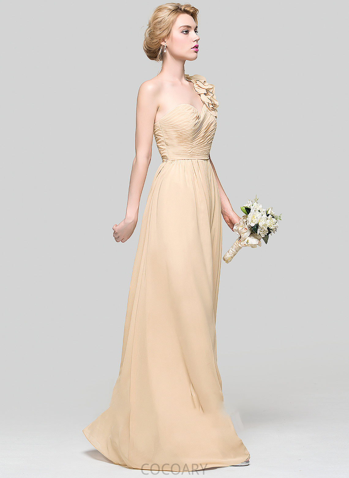 A-Line Flower(s) Embellishment Fabric Ruffle Silhouette Floor-Length Neckline One-Shoulder Length Camila Natural Waist Bridesmaid Dresses