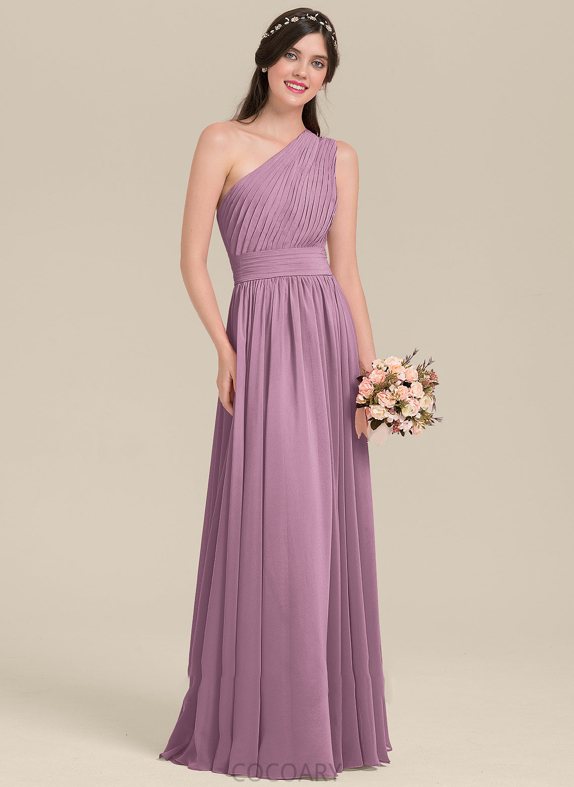 Silhouette Neckline One-Shoulder Embellishment Floor-Length A-Line Fabric Length Ruffle Mira Spaghetti Staps Satin Bridesmaid Dresses