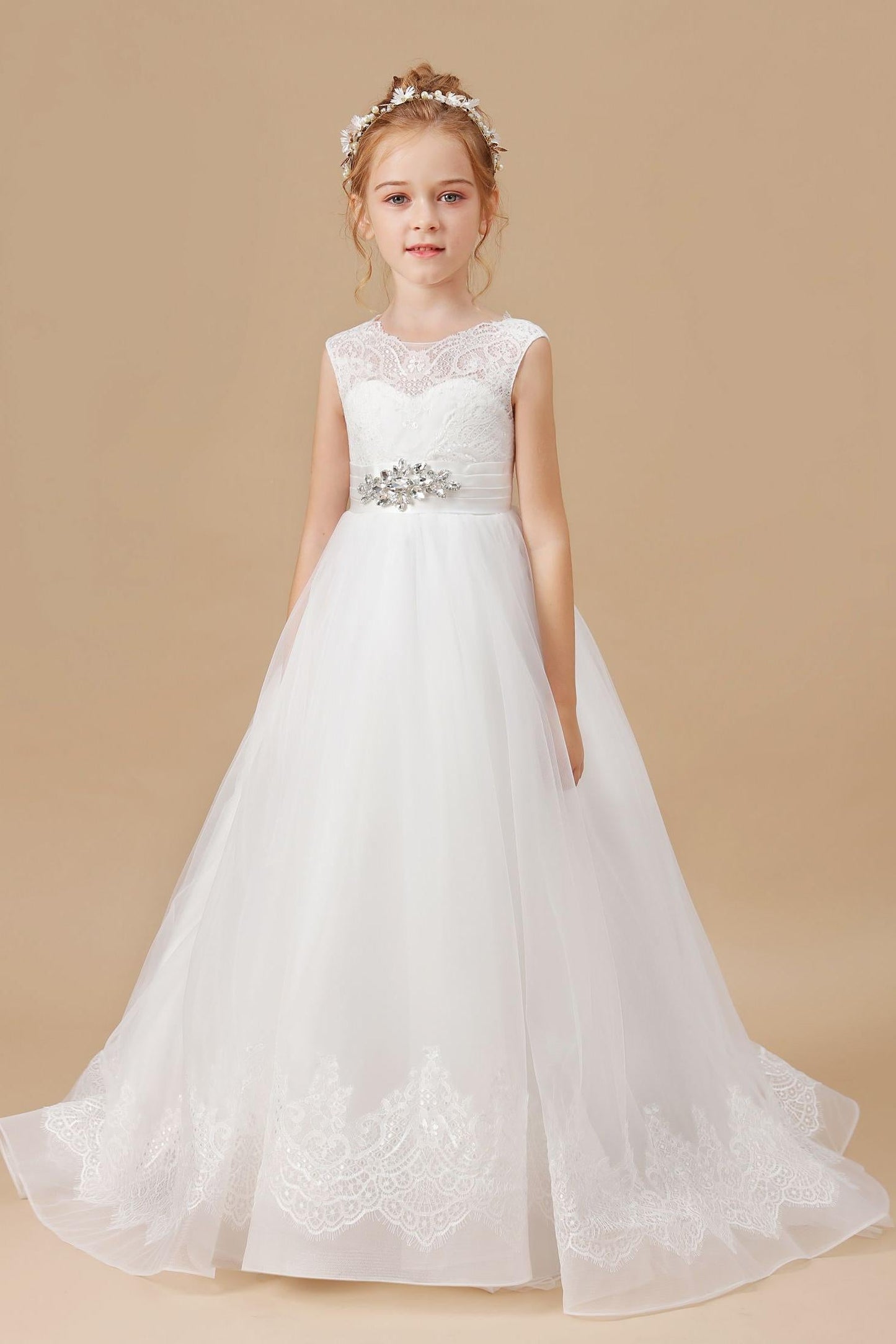 Floor-length Sleevelesss Lace Tulle Satin Flower Girl Dresses