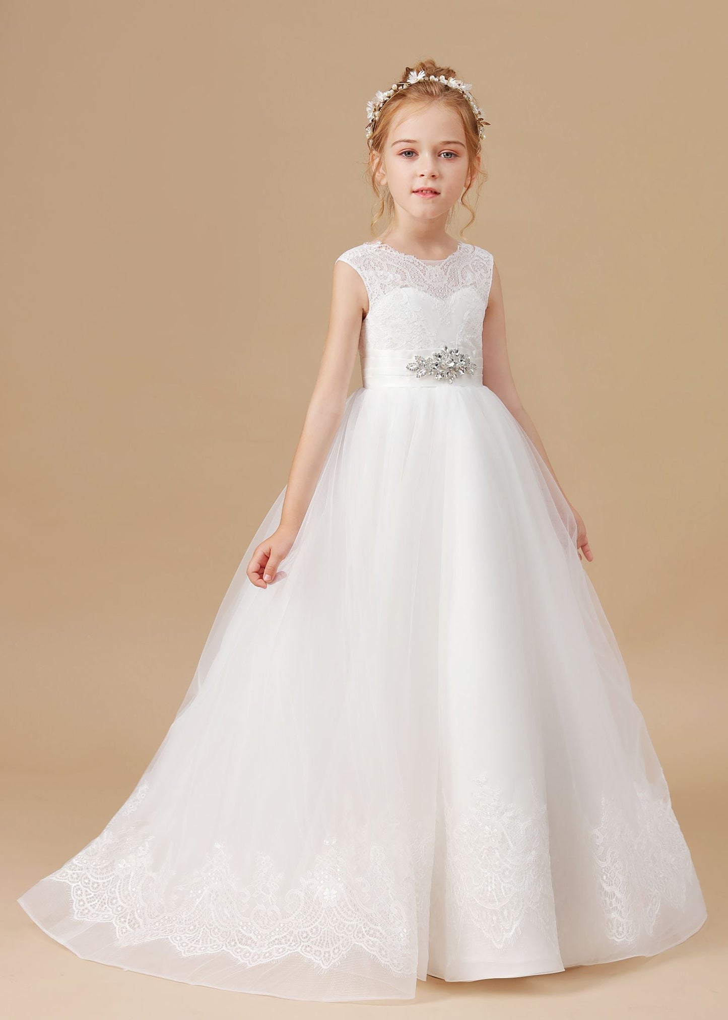 Floor-length Sleevelesss Lace Tulle Satin Flower Girl Dresses