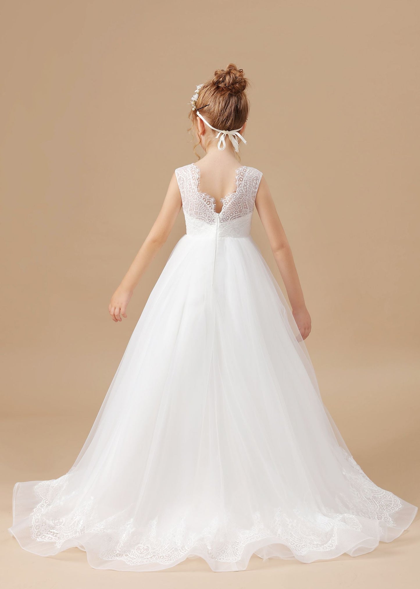 Floor-length Sleevelesss Lace Tulle Satin Flower Girl Dresses