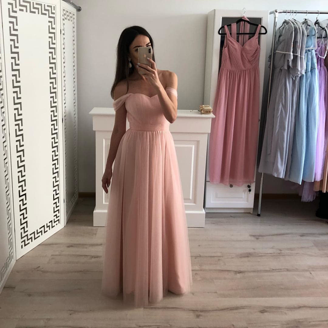 Simple Off Shoulder Sweetheart Pink Tulle Floor Length Prom Dresses