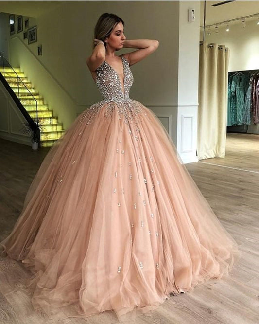 Gorgeous Deep V Neck Prom Dresses Tulle Ball Gown with Beading