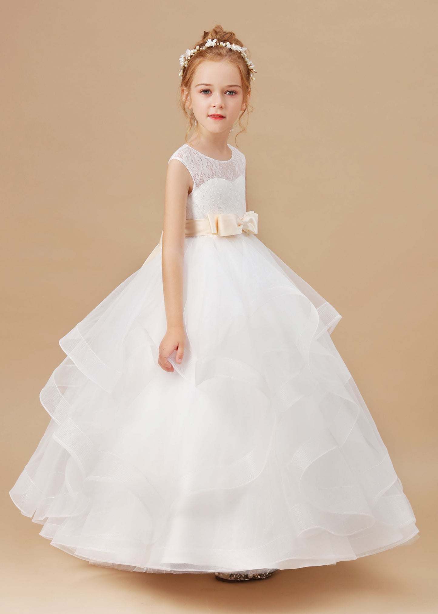 Ivory Multi-layered Tulle Ruffled Satin Flower Girl Dresses With Champagne Bow Front and Back