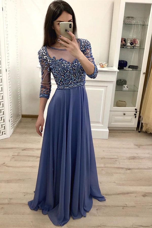 Elegant Round Neck Chiffon 3/4 Sleeves Prom Dresses with Beading