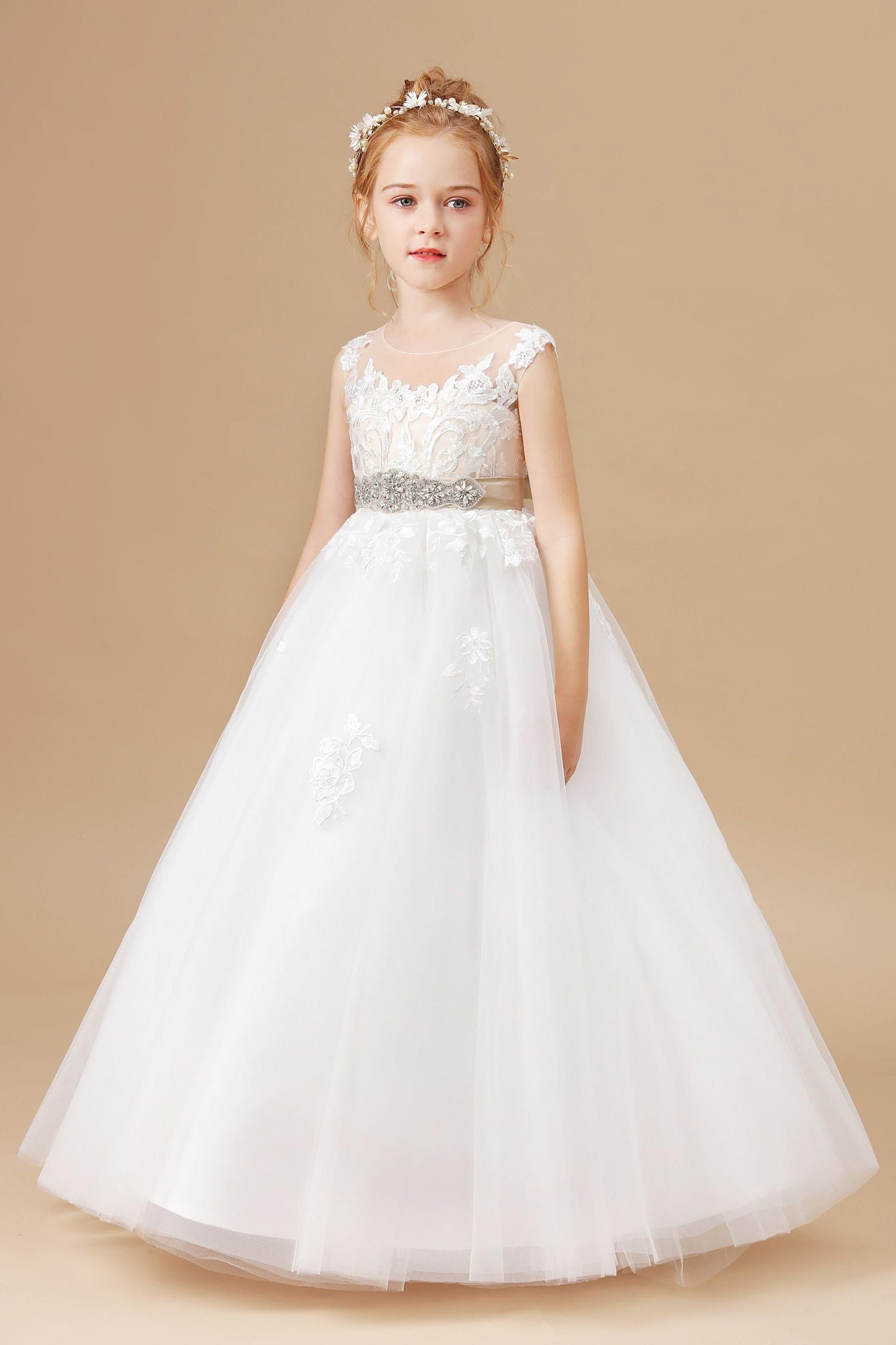 Ivory Sleeveless Tulle Satin Flower Girl Dresses With Champagne Bowknot