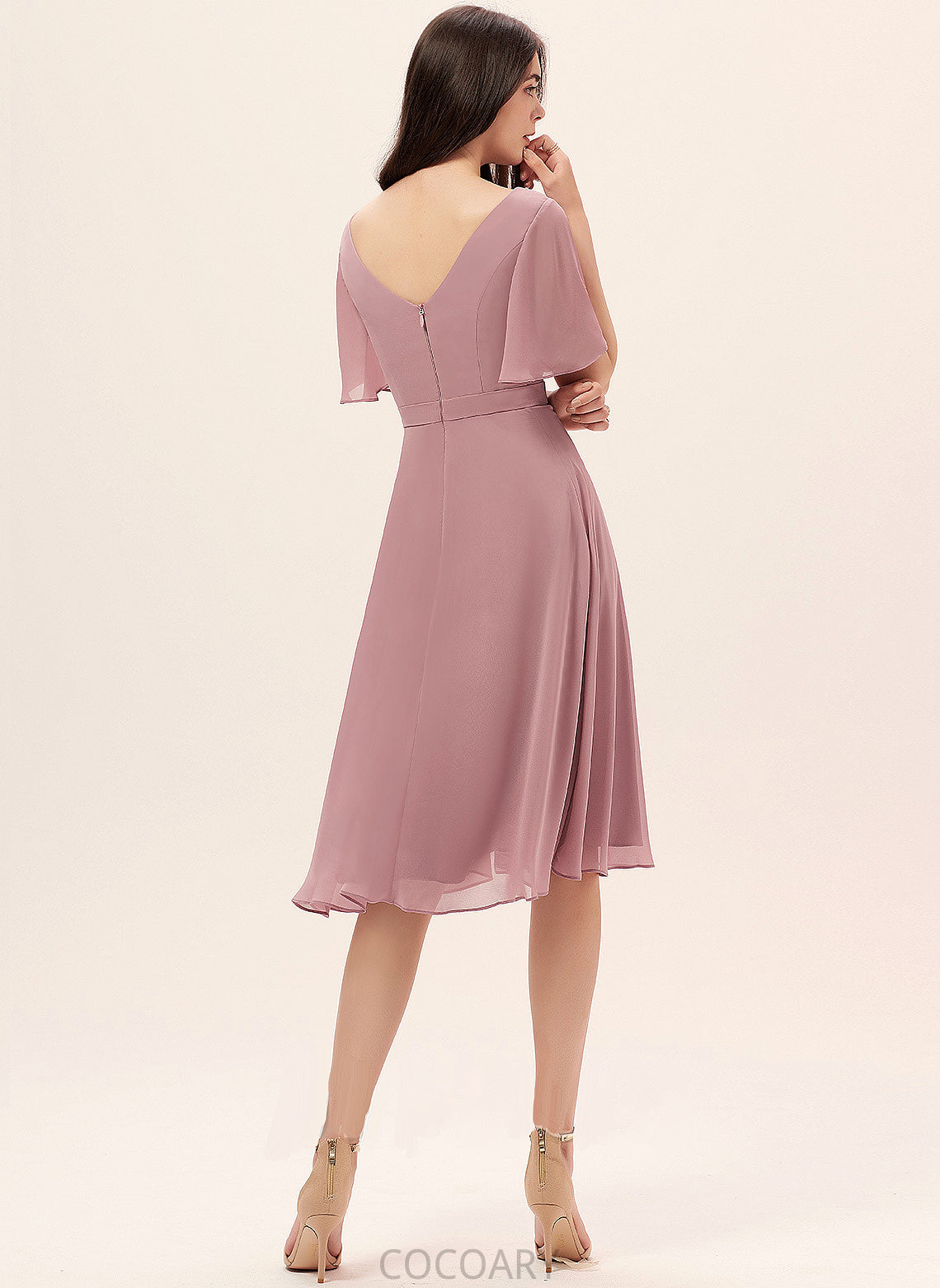 SplitFront Silhouette V-neck Fabric A-Line Neckline Knee-Length Embellishment Length Lauren Sleeveless One Shoulder Bridesmaid Dresses