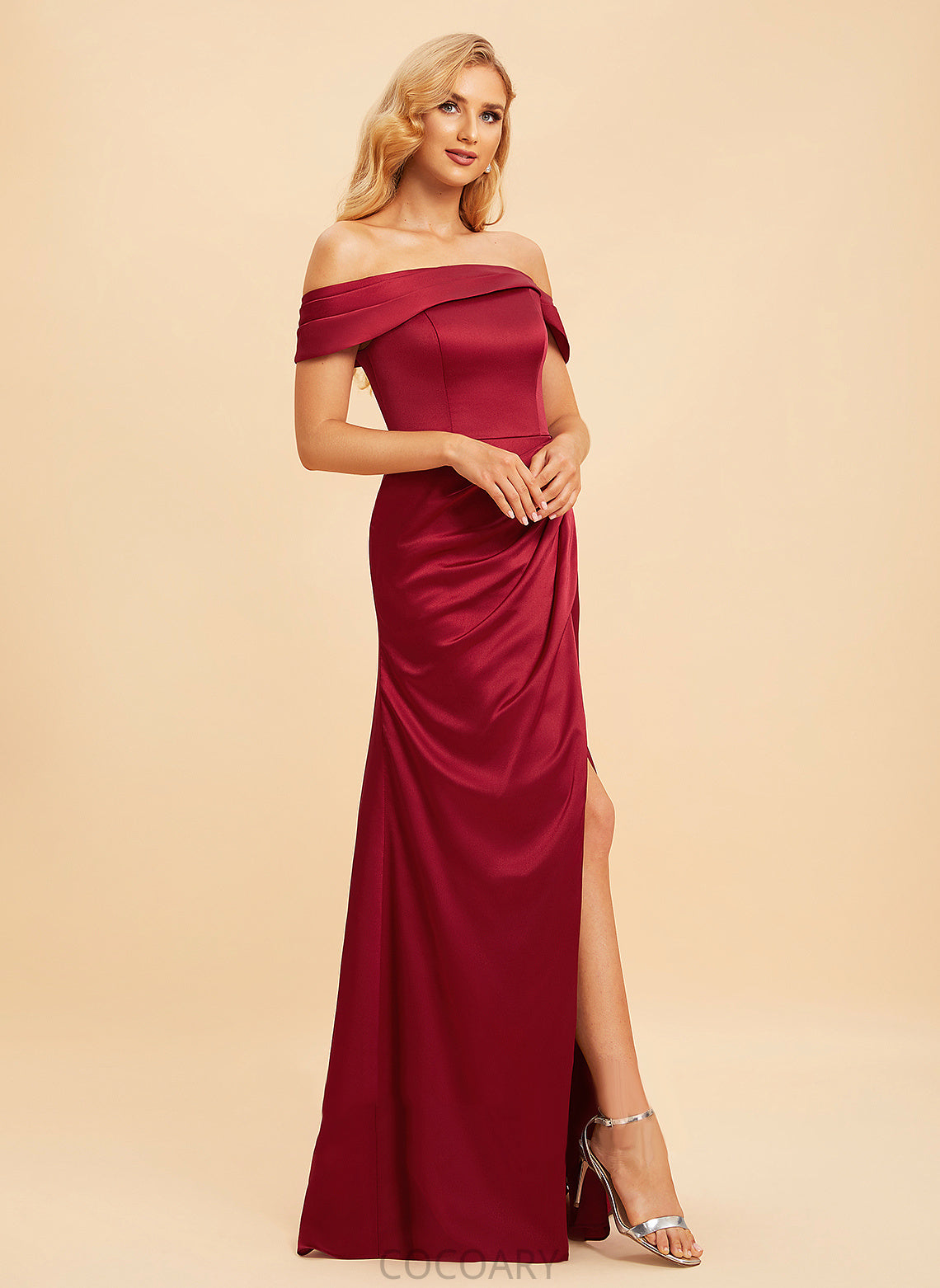 A-Line Silhouette Floor-Length Off-the-Shoulder SplitFront Length Fabric Neckline Embellishment Maliyah Floor Length Sleeveless Bridesmaid Dresses