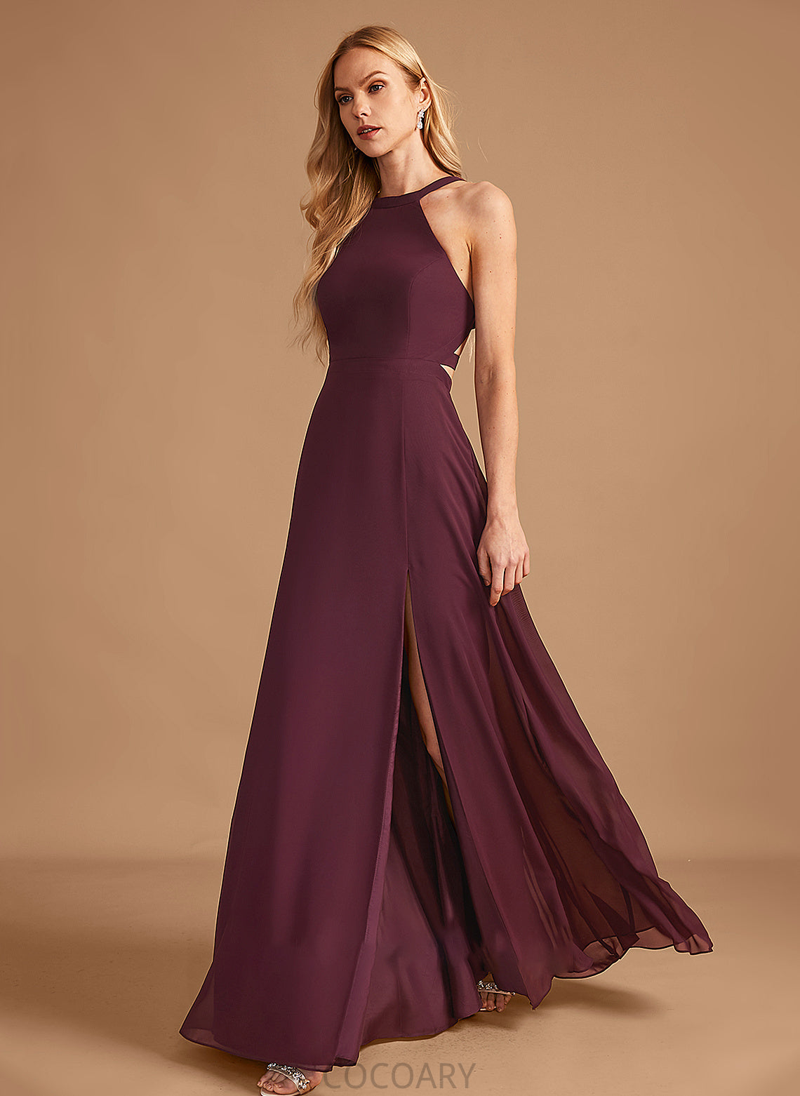 Fabric HighNeck SplitFront Length Embellishment Silhouette Floor-Length A-Line Neckline Elsie Empire Waist V-Neck Bridesmaid Dresses