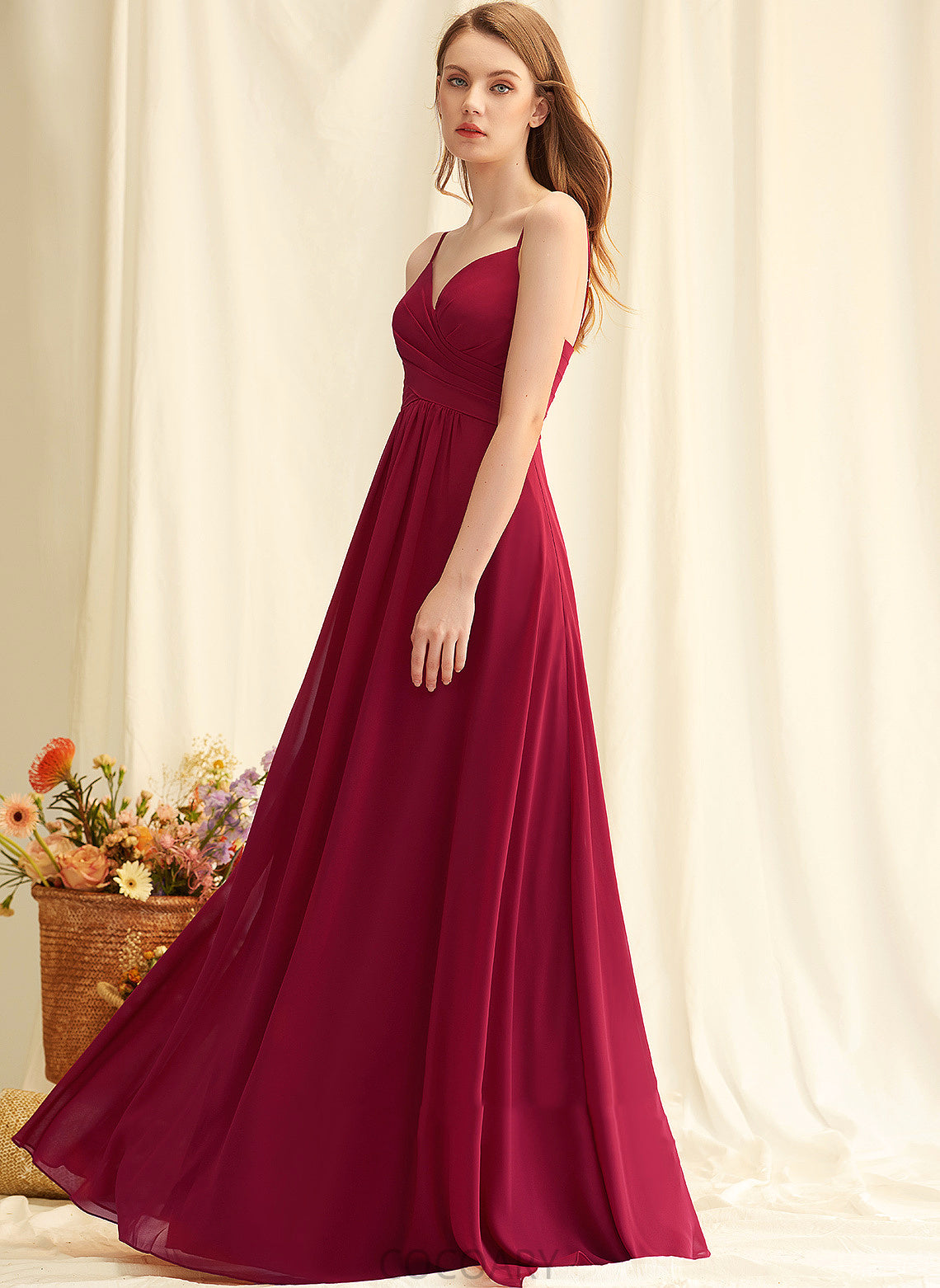 V-neck Length Neckline A-Line Floor-Length Fabric Silhouette Embellishment Ruffle Chasity Spaghetti Staps A-Line/Princess Bridesmaid Dresses