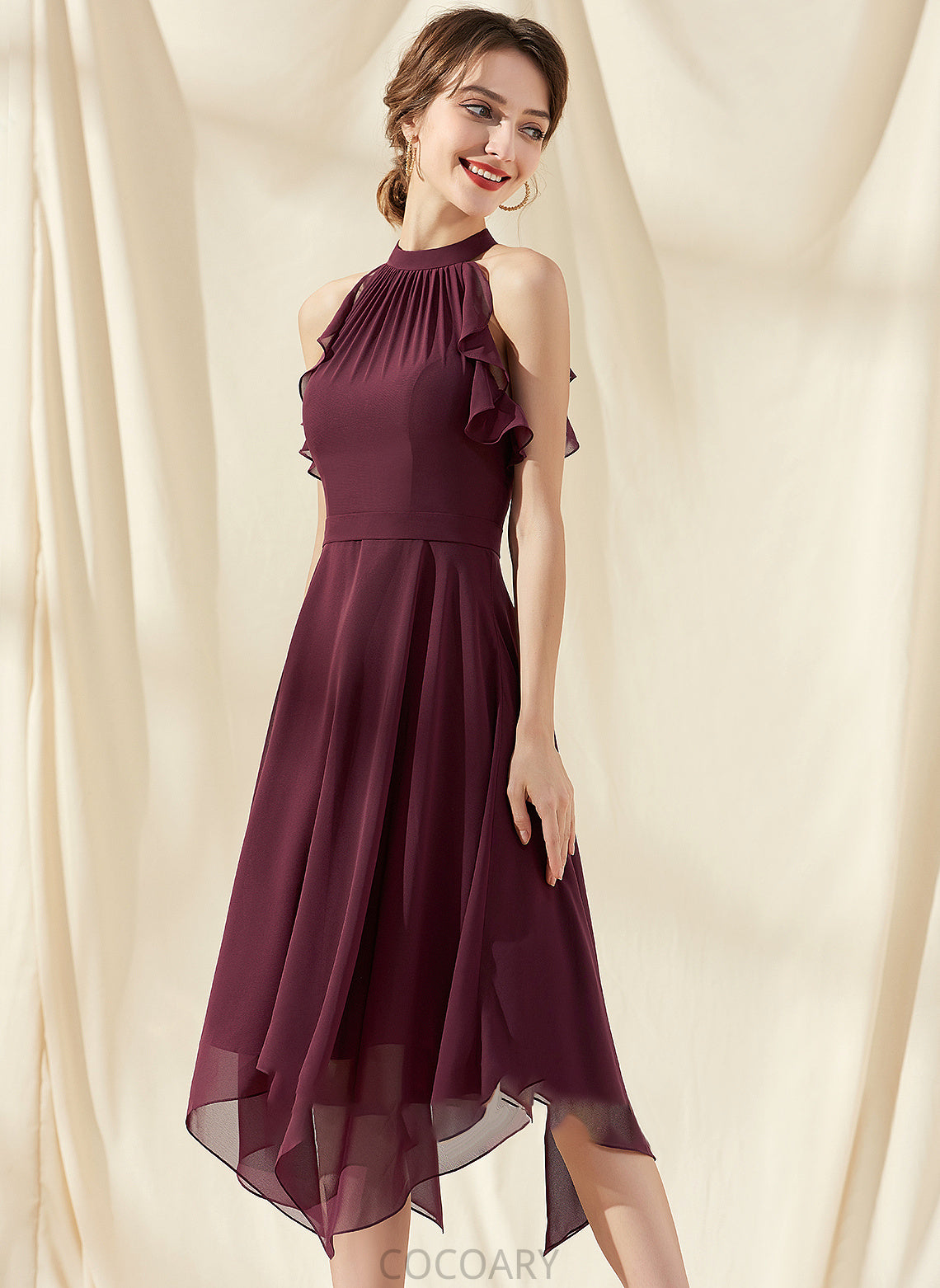 Length A-Line ScoopNeck Embellishment CascadingRuffles Silhouette Neckline Tea-Length Fabric Charlize A-Line/Princess V-Neck Bridesmaid Dresses