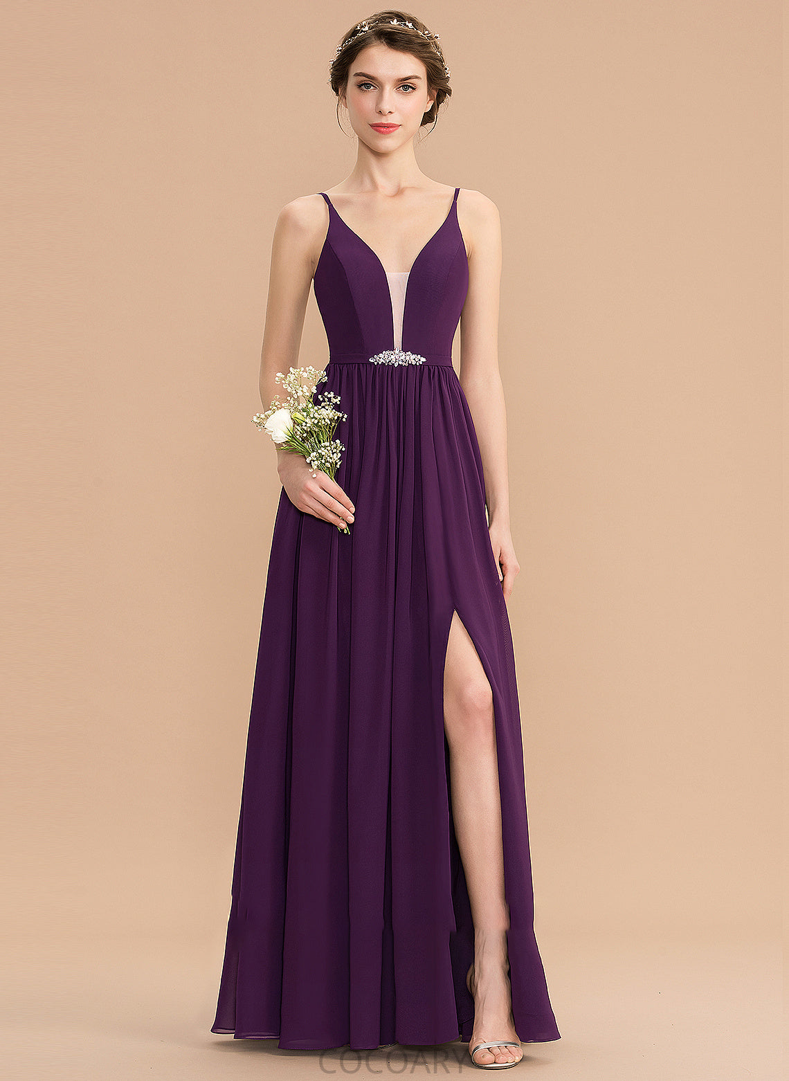 SplitFront A-Line Neckline V-neck Pockets Silhouette Floor-Length Length Fabric Embellishment Sequins Beading Bridesmaid Dresses