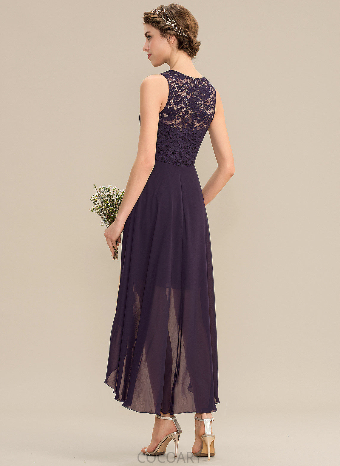 Neckline ScoopNeck Lace Silhouette Fabric Length A-Line Asymmetrical Straps Leticia A-Line/Princess Floor Length Bridesmaid Dresses