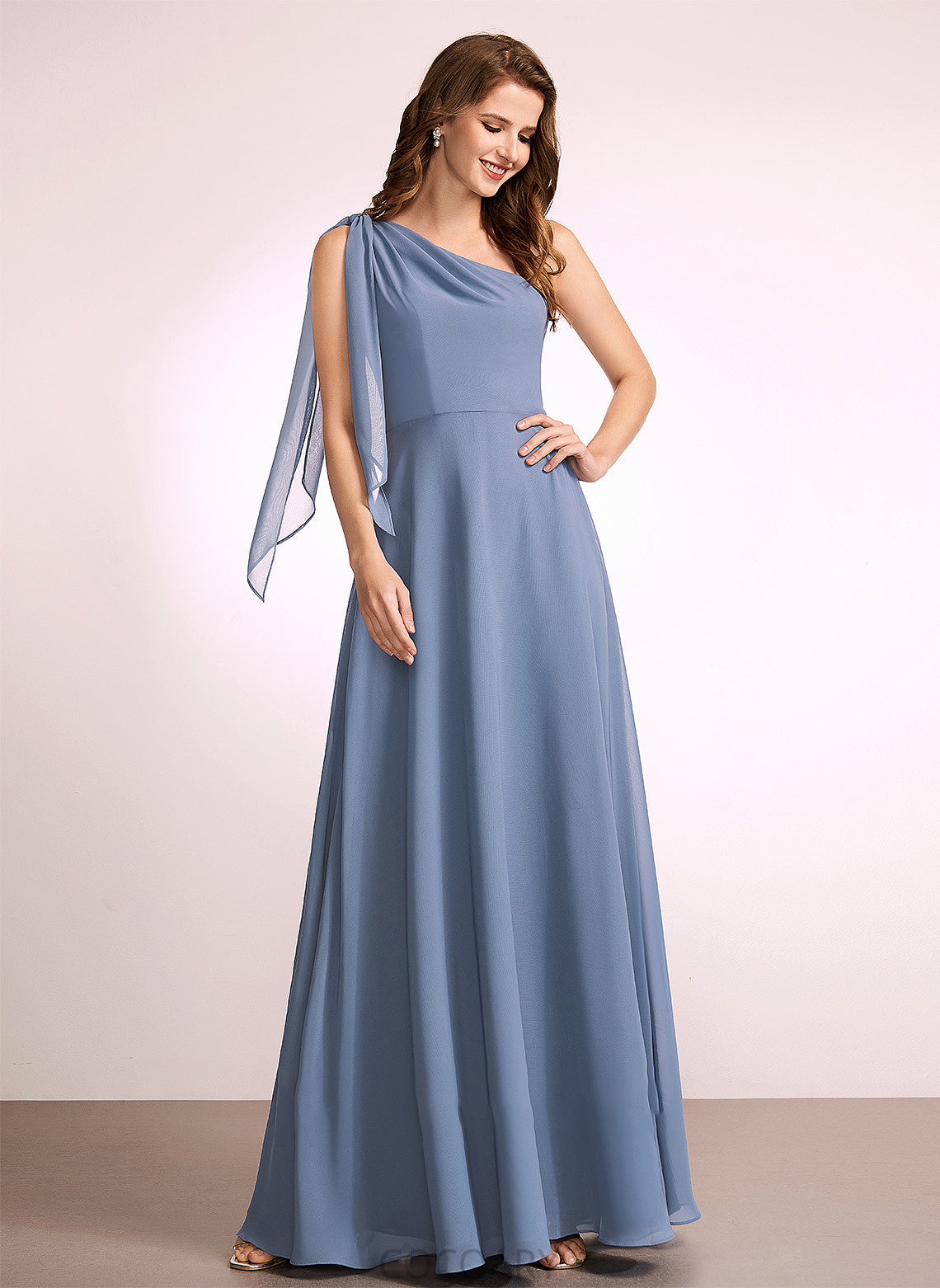 Fabric Floor-Length One-Shoulder Silhouette Embellishment Bow(s) Length Neckline A-Line Michaela A-Line/Princess Natural Waist Bridesmaid Dresses