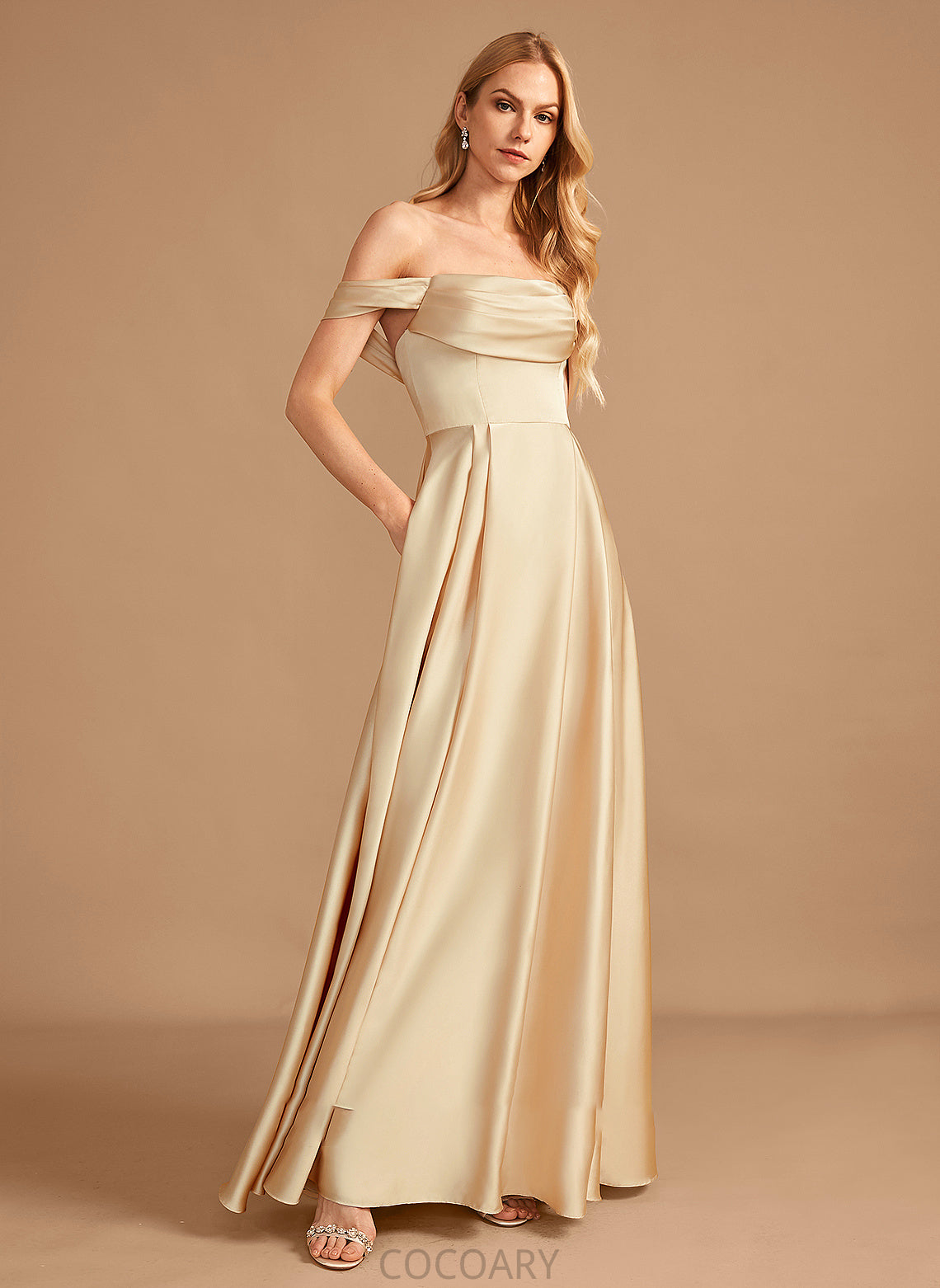 A-Line SplitFront Silhouette Floor-Length Neckline Fabric Pockets Off-the-Shoulder Length Embellishment Eliza Floor Length Bridesmaid Dresses