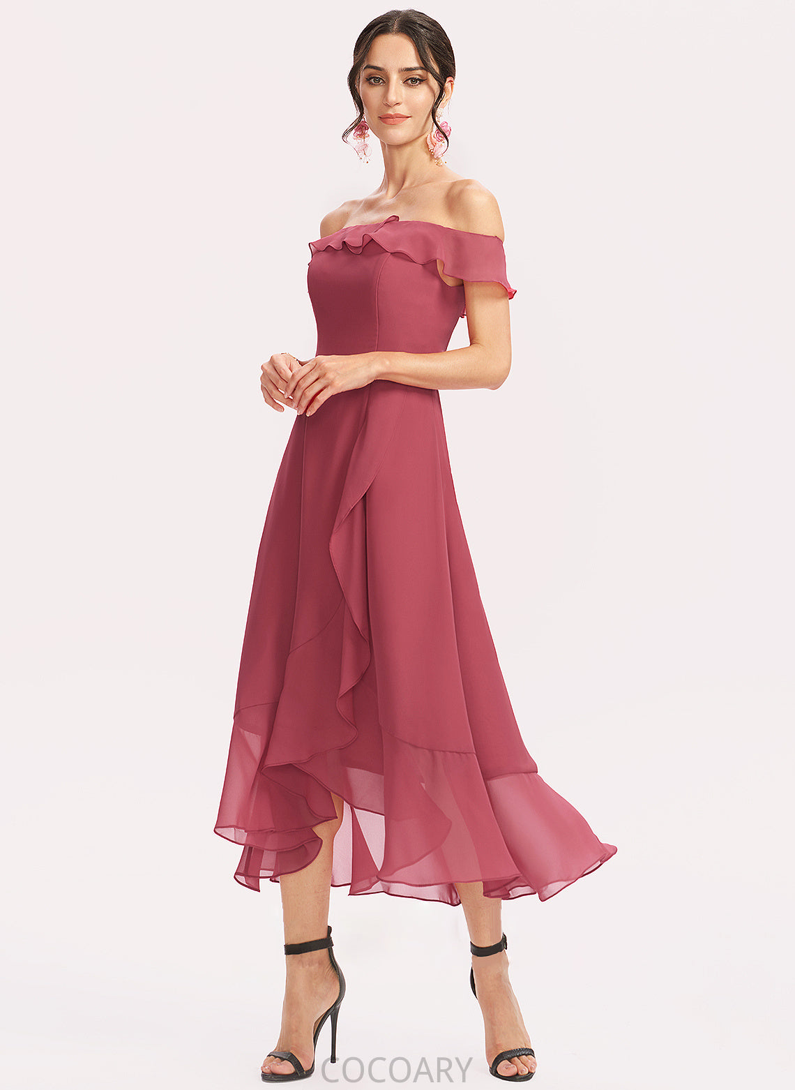 CascadingRuffles A-Line Silhouette Neckline Embellishment Length Off-the-Shoulder Tea-Length Fabric Macey Sleeveless Spandex Bridesmaid Dresses