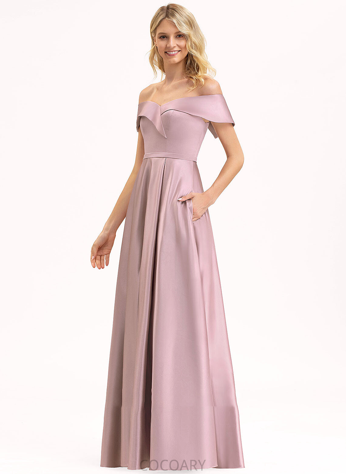 Off-the-Shoulder Fabric A-Line Length Neckline Floor-Length Embellishment Silhouette Pockets Charlotte Natural Waist A-Line/Princess Bridesmaid Dresses