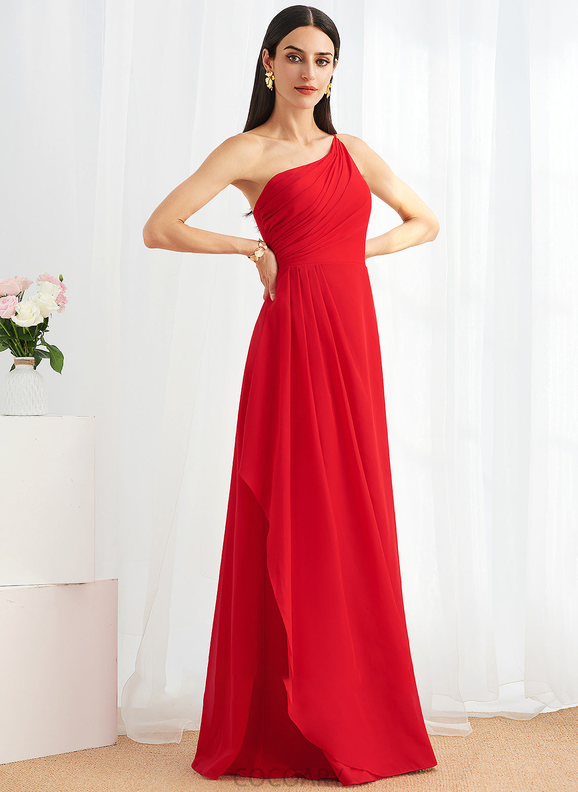 Ruffle Neckline A-Line Floor-Length One-Shoulder Length Fabric Embellishment Silhouette SplitFront Tiana Floor Length Bridesmaid Dresses