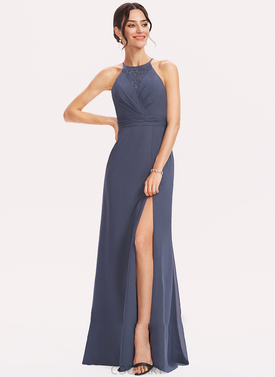 A-Line Length Silhouette Embellishment SplitFront Floor-Length Neckline Lace Halter Fabric Brooke Floor Length Bridesmaid Dresses