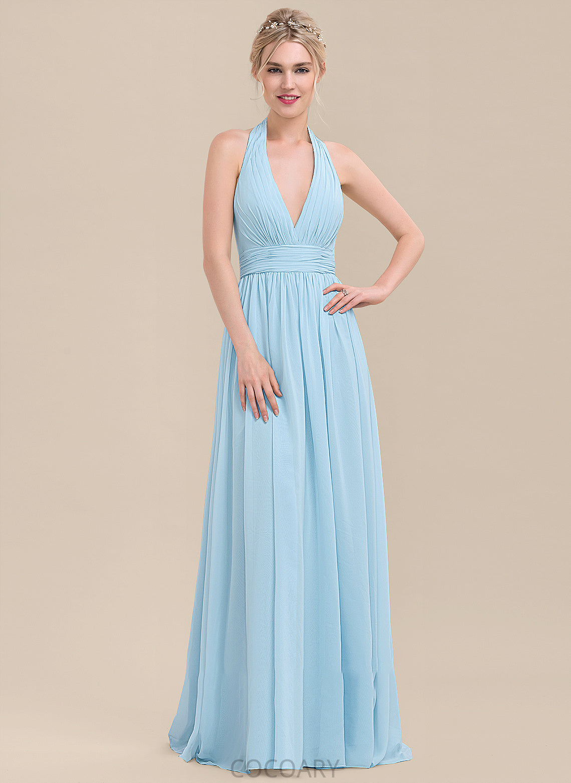 A-Line Ruffle Floor-Length Embellishment Fabric Neckline Halter Silhouette Length Adrianna Natural Waist Sleeveless Bridesmaid Dresses