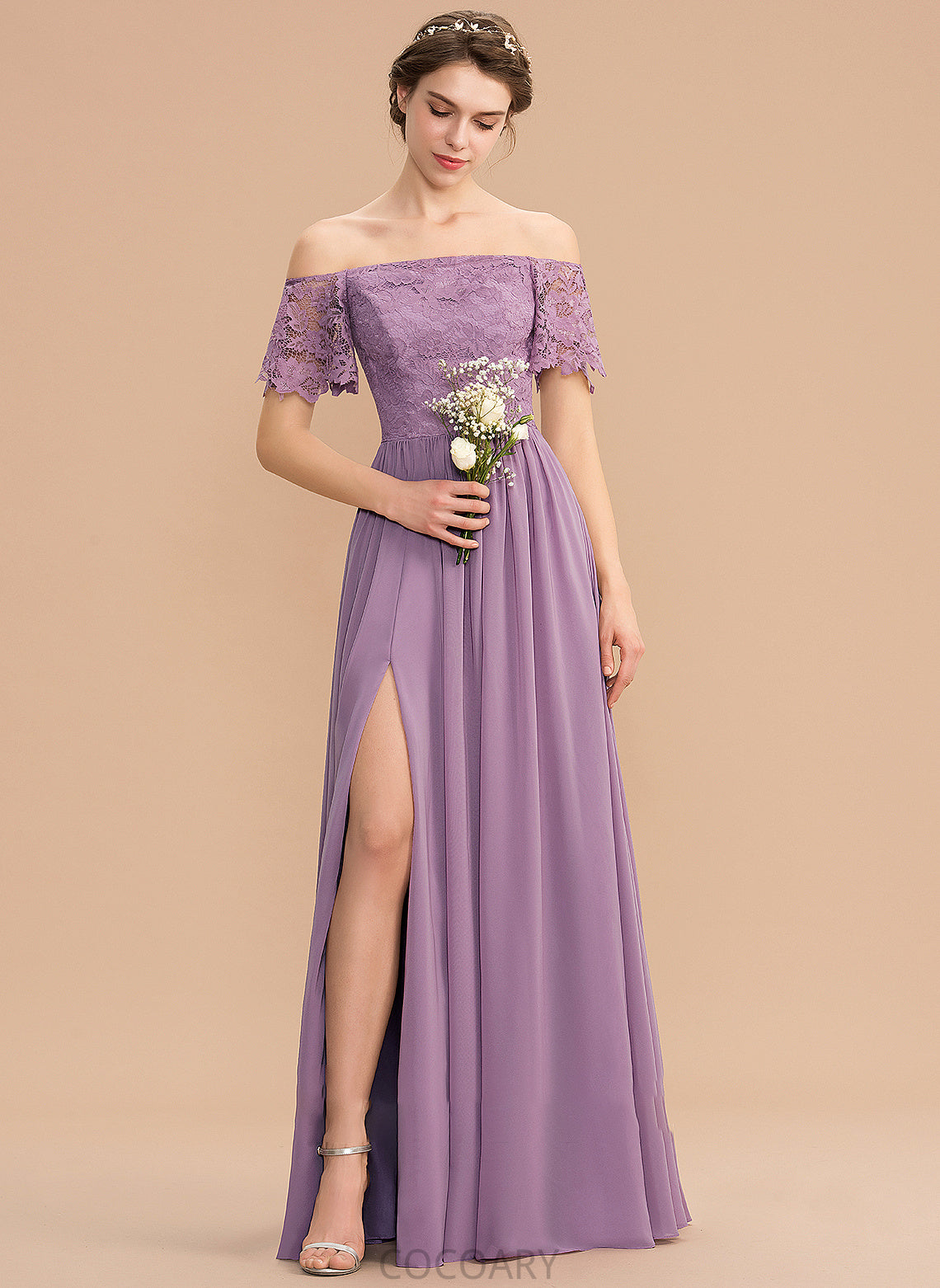 Length SplitFront Floor-Length A-Line Neckline Fabric Off-the-Shoulder Embellishment Silhouette Yasmine Floor Length A-Line/Princess Bridesmaid Dresses